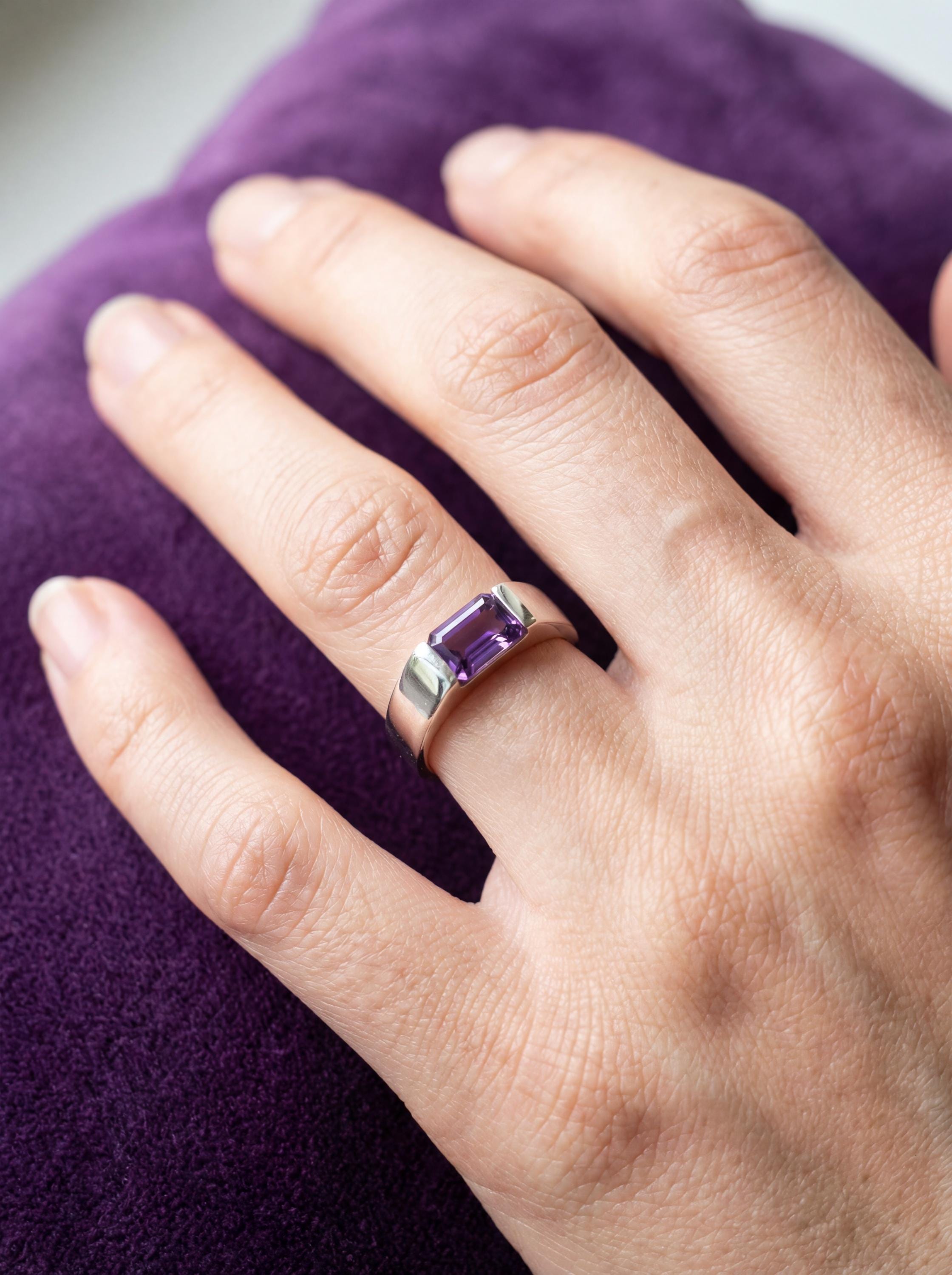 Amethyst ring shown worn with purple styling as a Crown Chakra gemstone statement piece.
