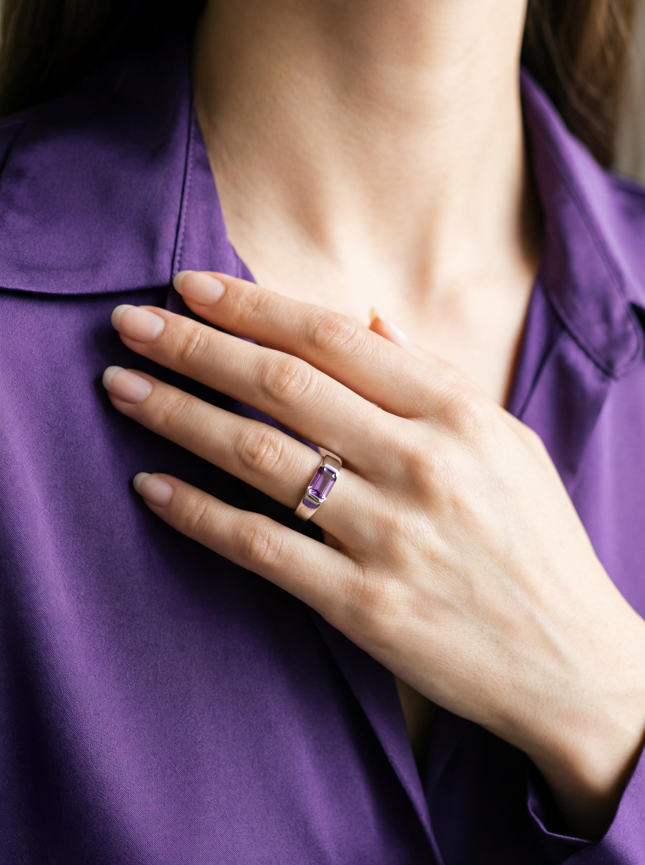 Amethyst Ring 925 Sterling Silver Octagon Faceted Violet Gemstone High Shine Geometric Crown Chakra Jewelry Size 6US