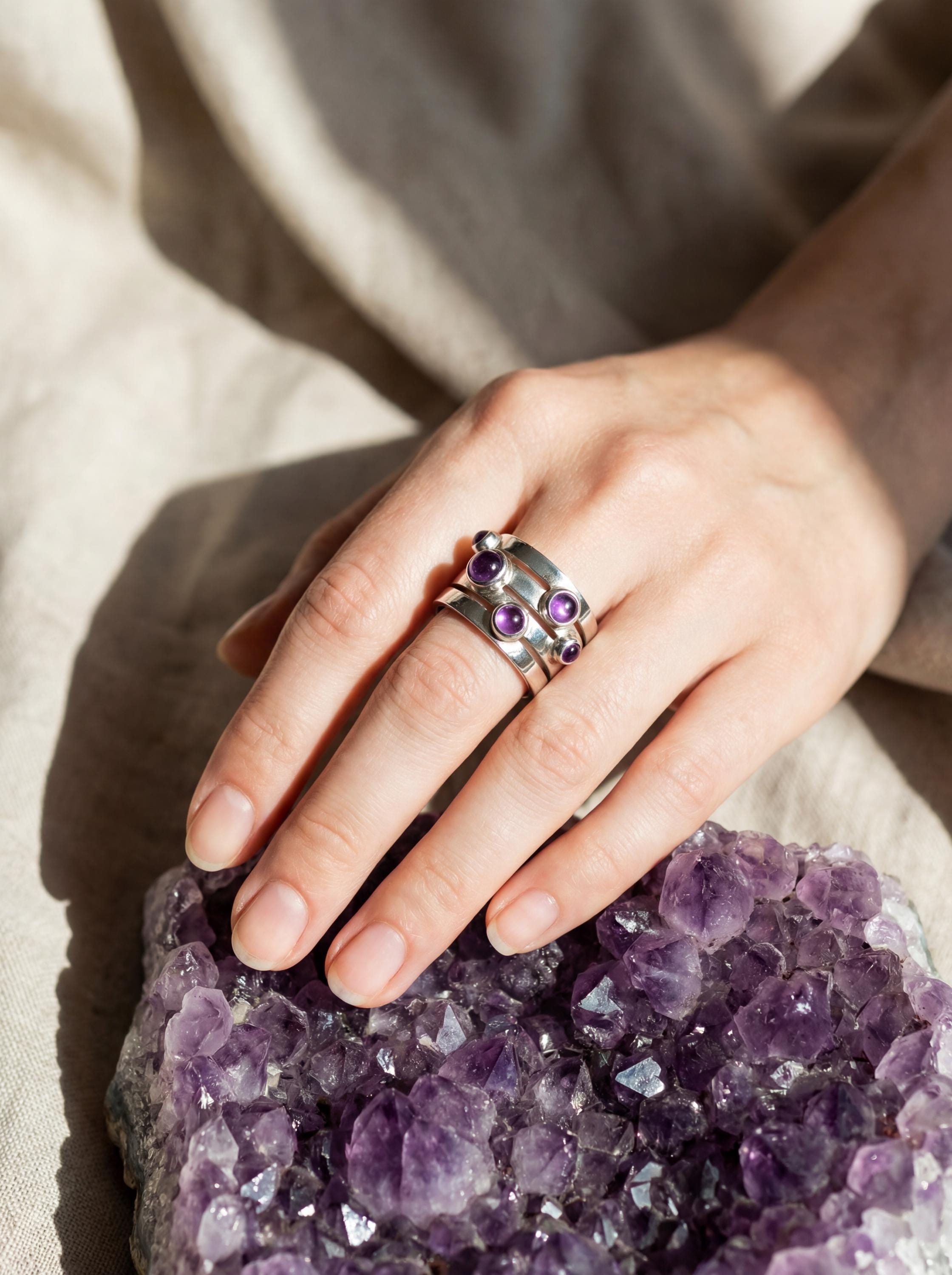 Amethyst cabochon ring shown worn on hand as a bold handmade sterling silver statement ring.