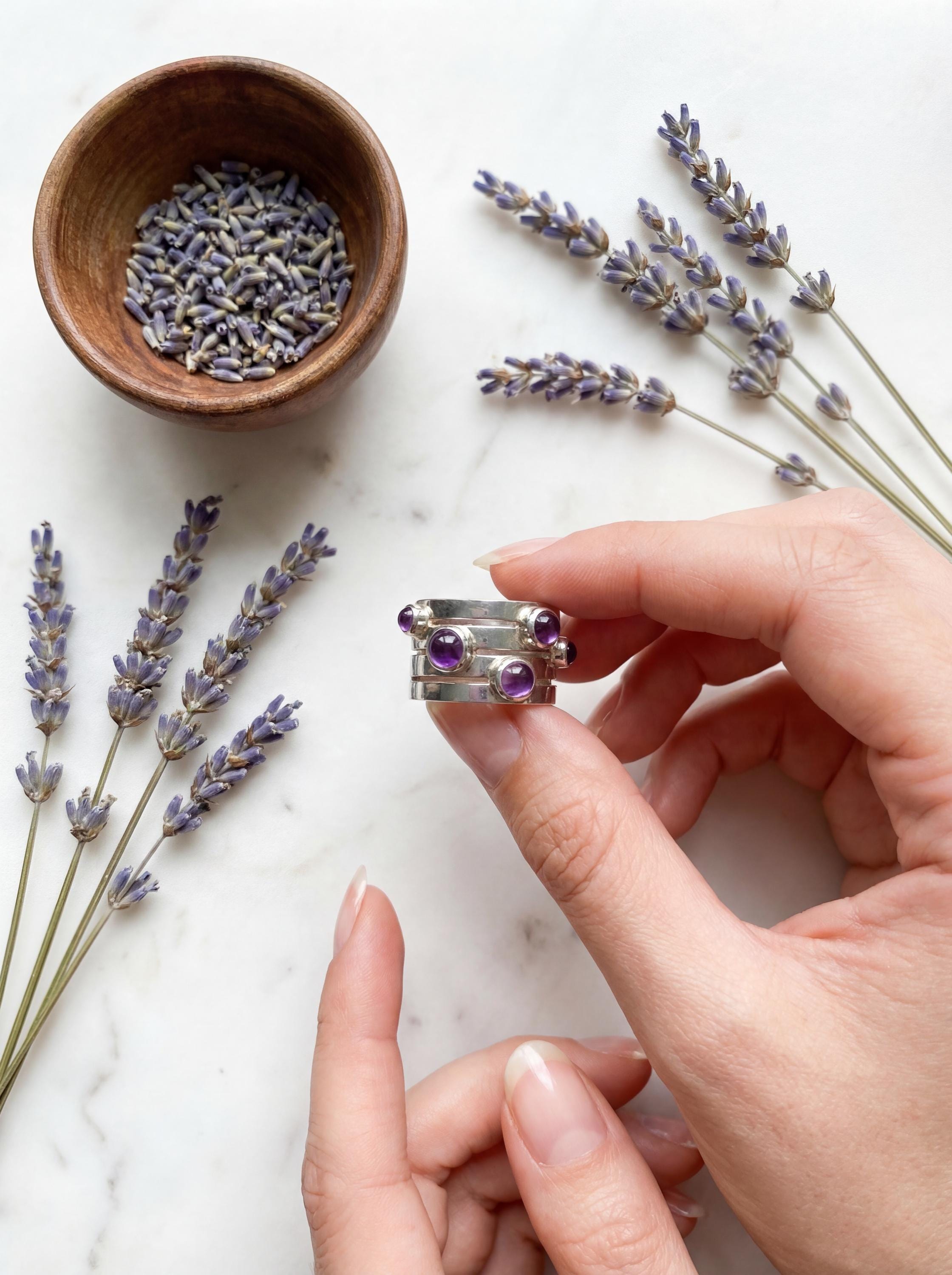 Amethyst Unity Ring 925 Sterling Silver Five Stone Cabochon Ring High Shine Statement Jewelry Crown Chakra Gift size 6 US