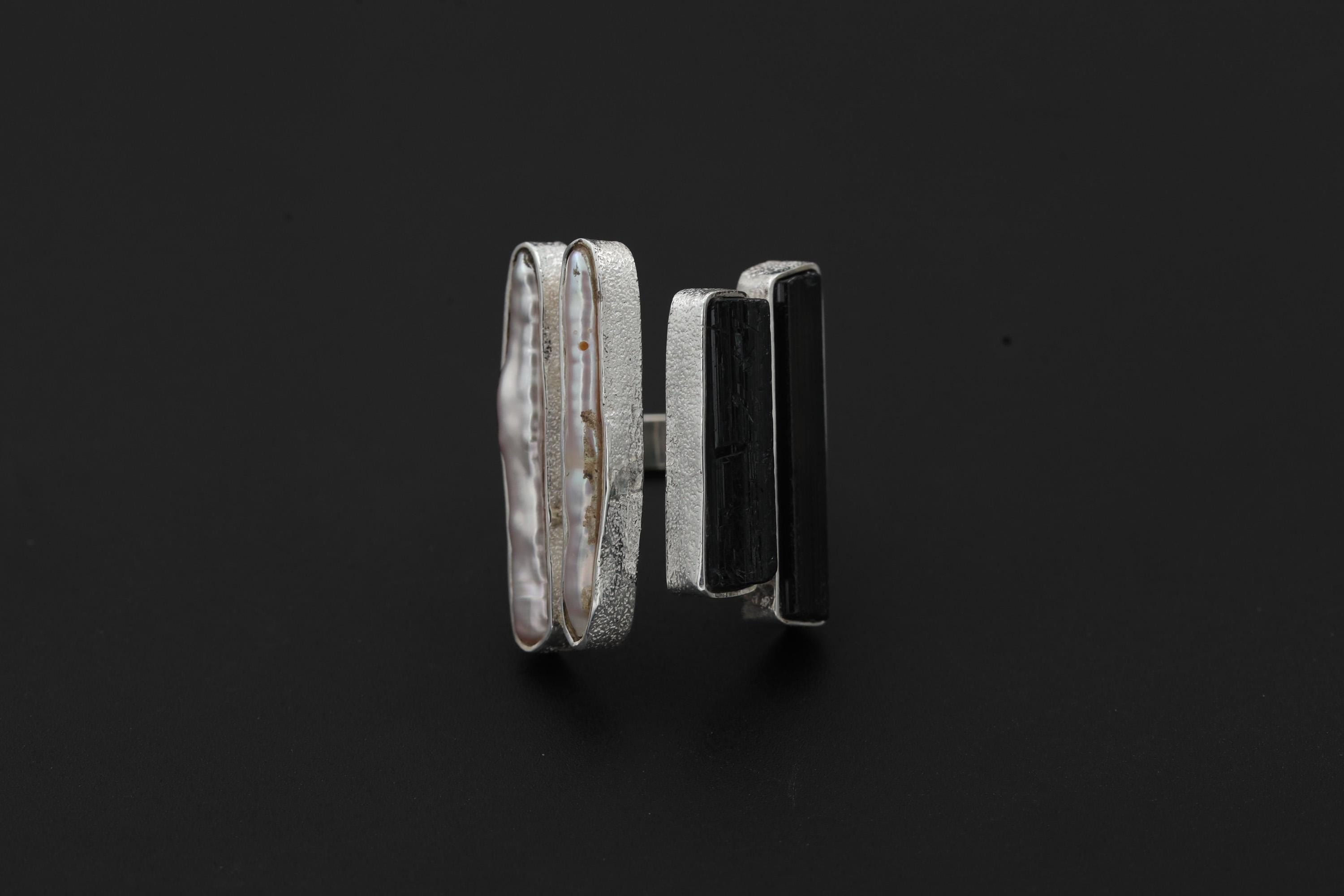 Pearl Black Tourmaline Ring 925 Sterling Silver Adjustable Organic Textured Band Heart Root Chakra Gif