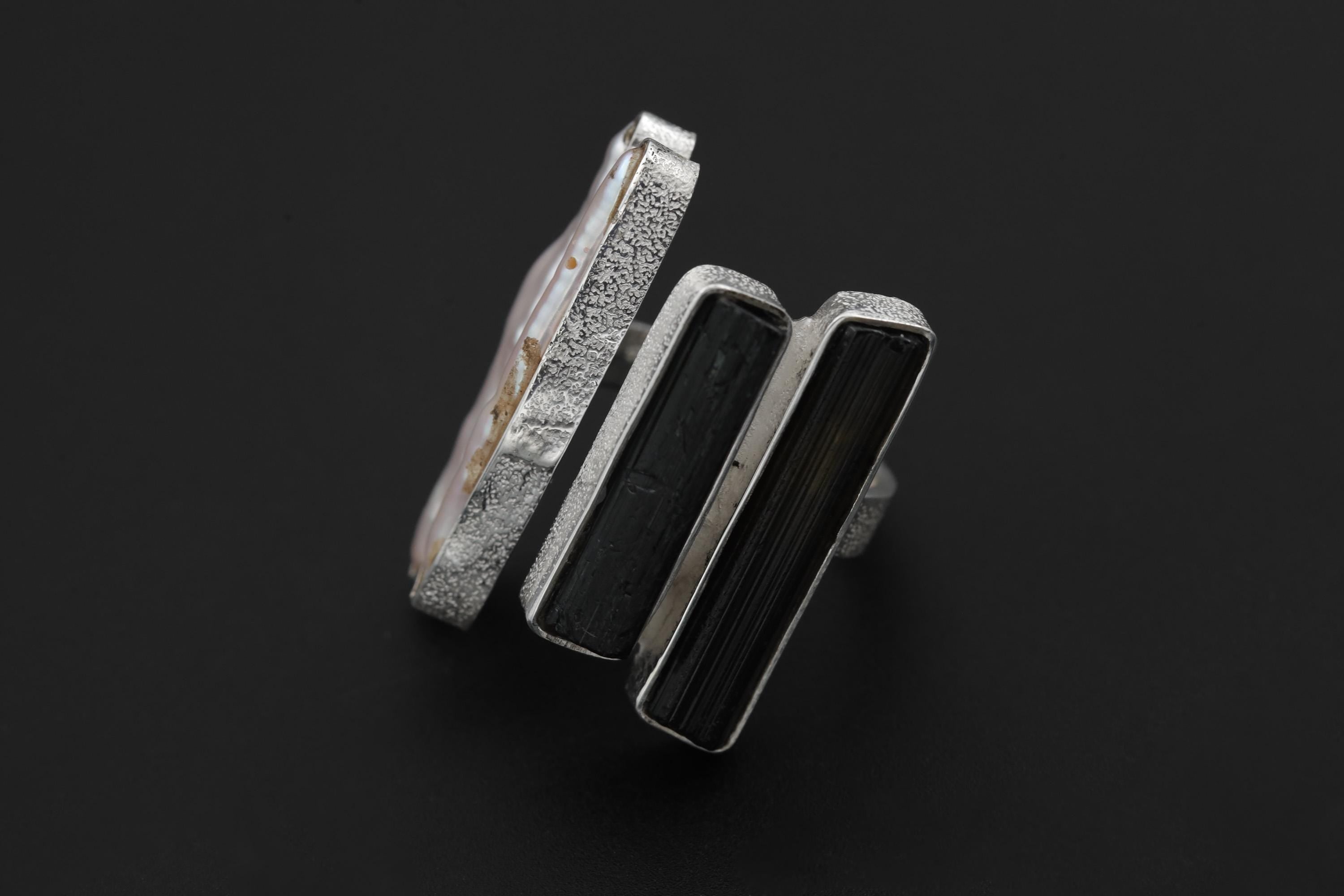 Pearl Black Tourmaline Ring 925 Sterling Silver Adjustable Organic Textured Band Heart Root Chakra Gif