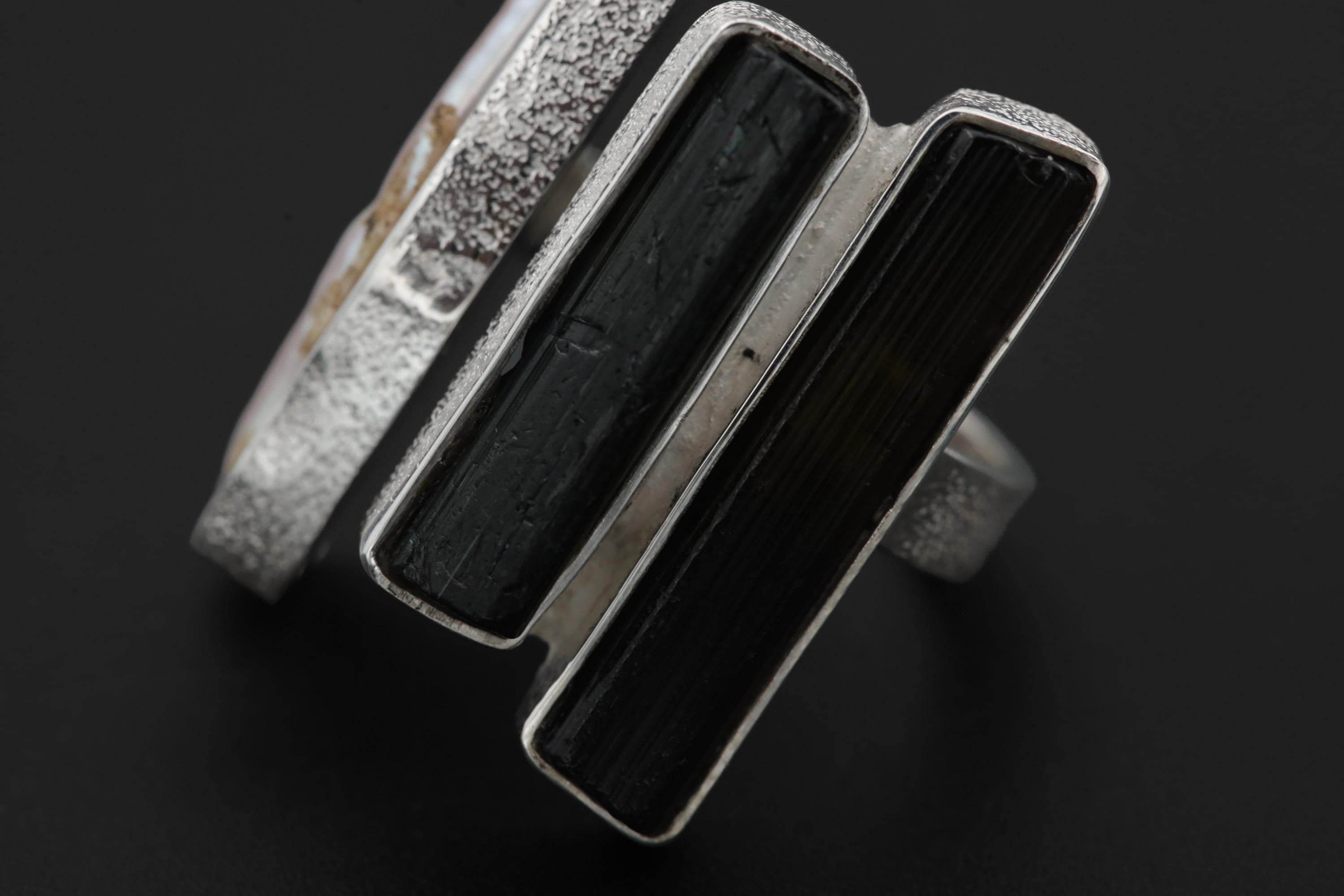 Pearl Black Tourmaline Ring 925 Sterling Silver Adjustable Organic Textured Band Heart Root Chakra Gif