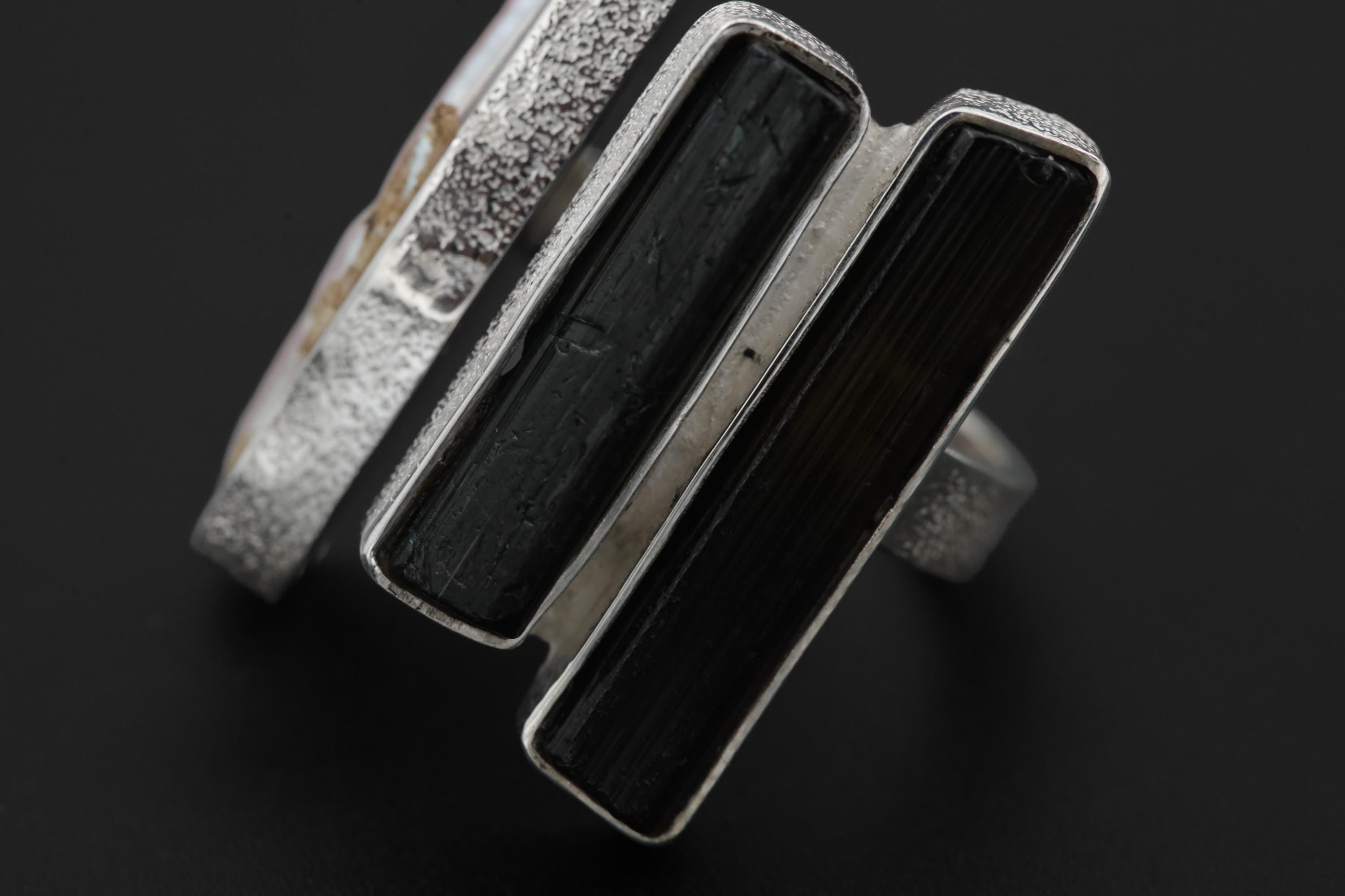 Pearl Black Tourmaline Ring 925 Sterling Silver Adjustable Organic Textured Band Heart Root Chakra Gif