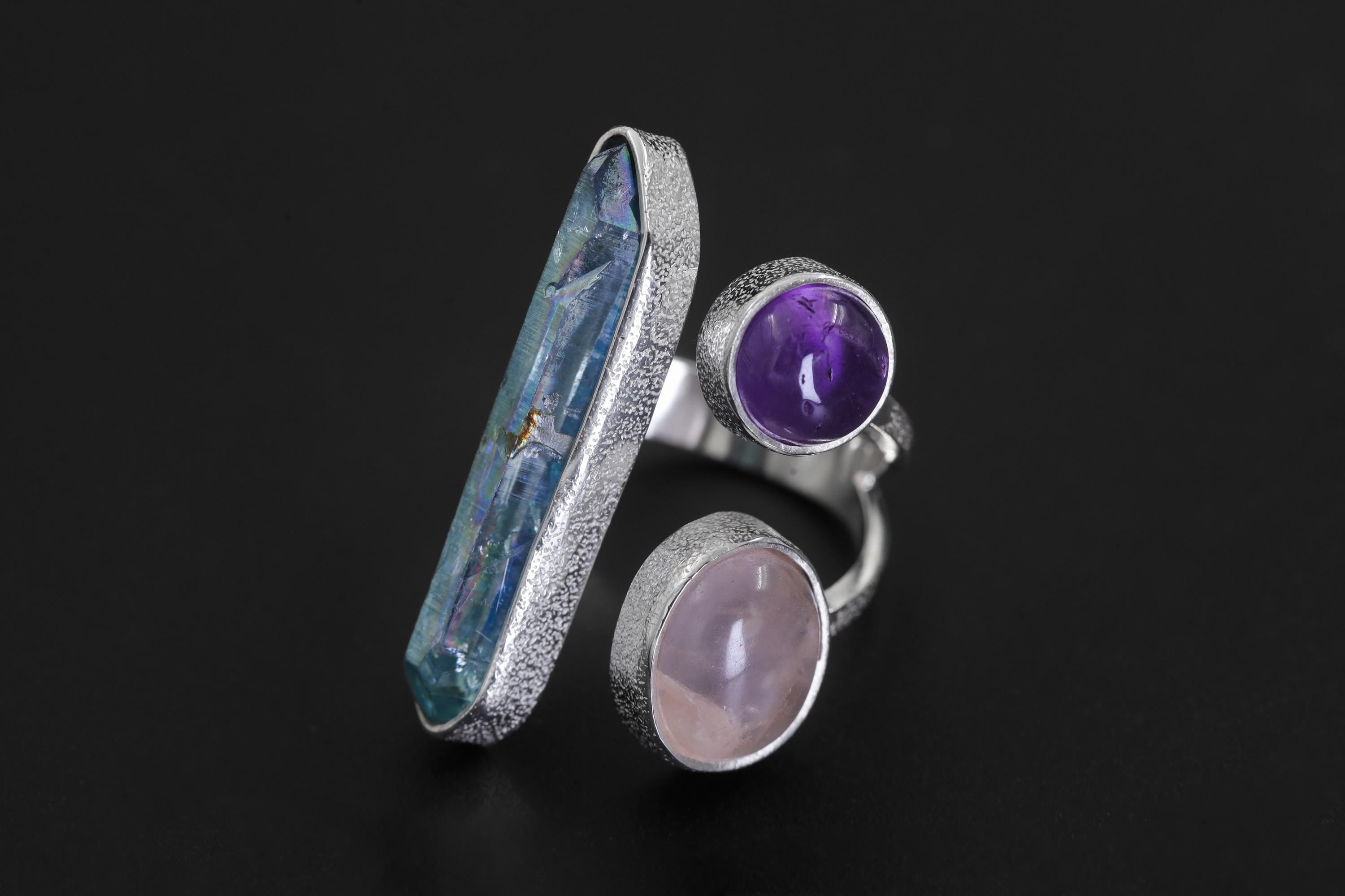 Aqua Aura Quartz Amethyst Rose Quartz Ring 925 Sterling Silver Adjustable Heart Crown Chakra Jewelry Gift