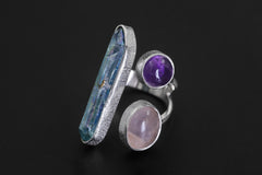 Aqua Aura Quartz Amethyst Rose Quartz Ring 925 Sterling Silver Adjustable Heart Crown Chakra Jewelry Gift