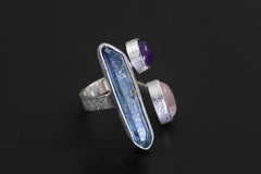 Aqua Aura Quartz Amethyst Rose Quartz Ring 925 Sterling Silver Adjustable Heart Crown Chakra Jewelry Gift