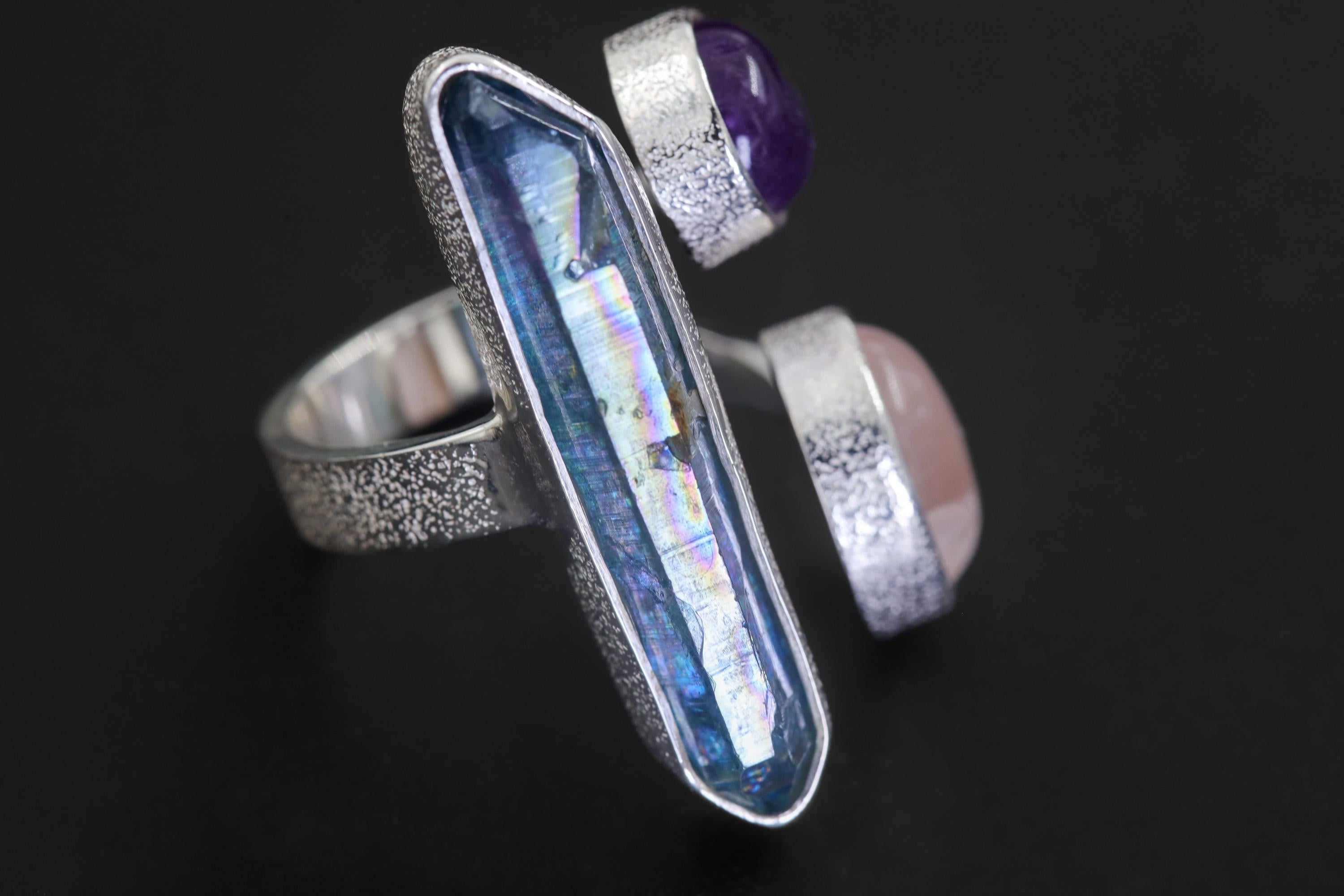 Aqua Aura Quartz Amethyst Rose Quartz Ring 925 Sterling Silver Adjustable Heart Crown Chakra Jewelry Gift