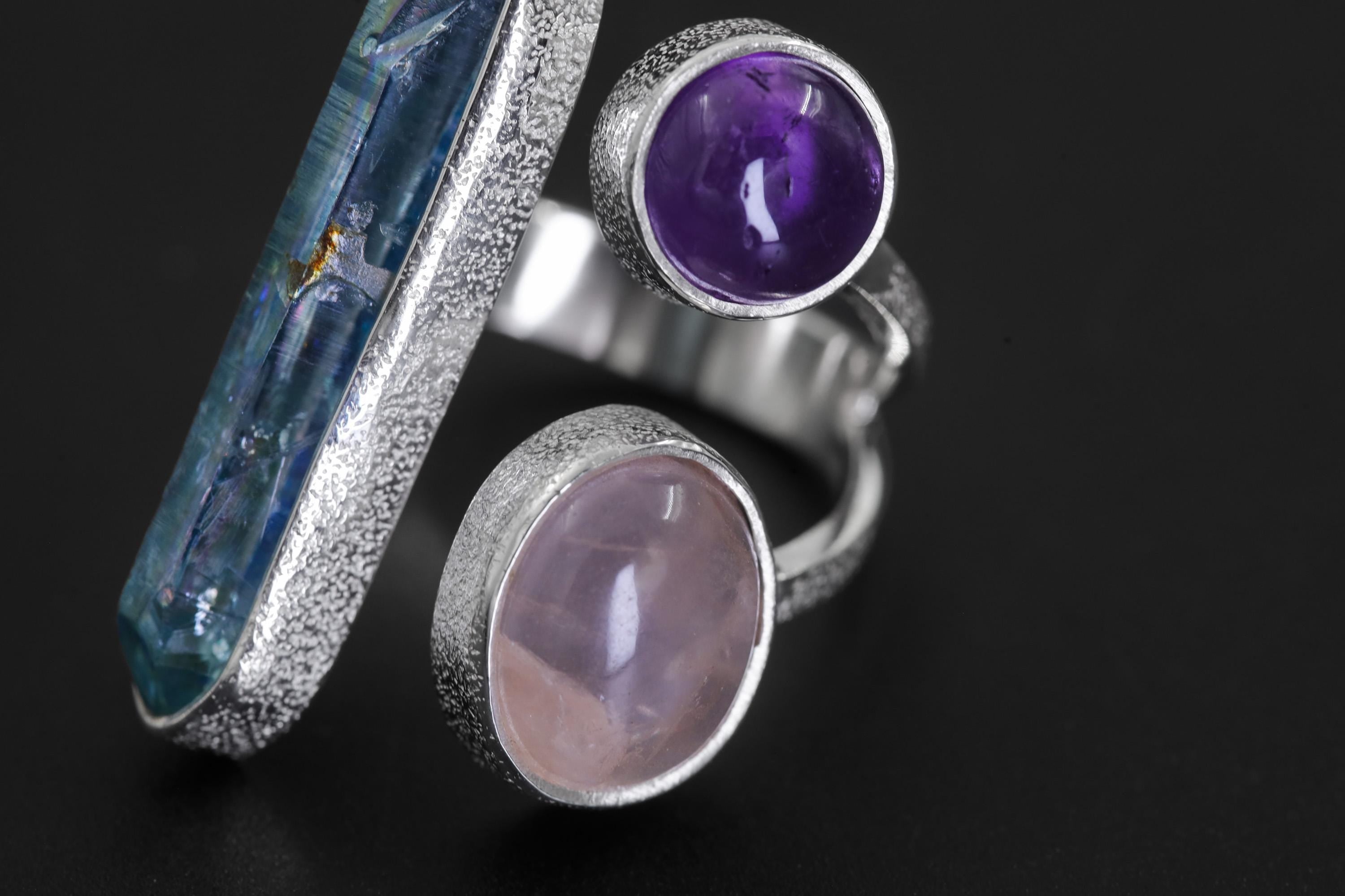 Aqua Aura Quartz Amethyst Rose Quartz Ring 925 Sterling Silver Adjustable Heart Crown Chakra Jewelry Gift