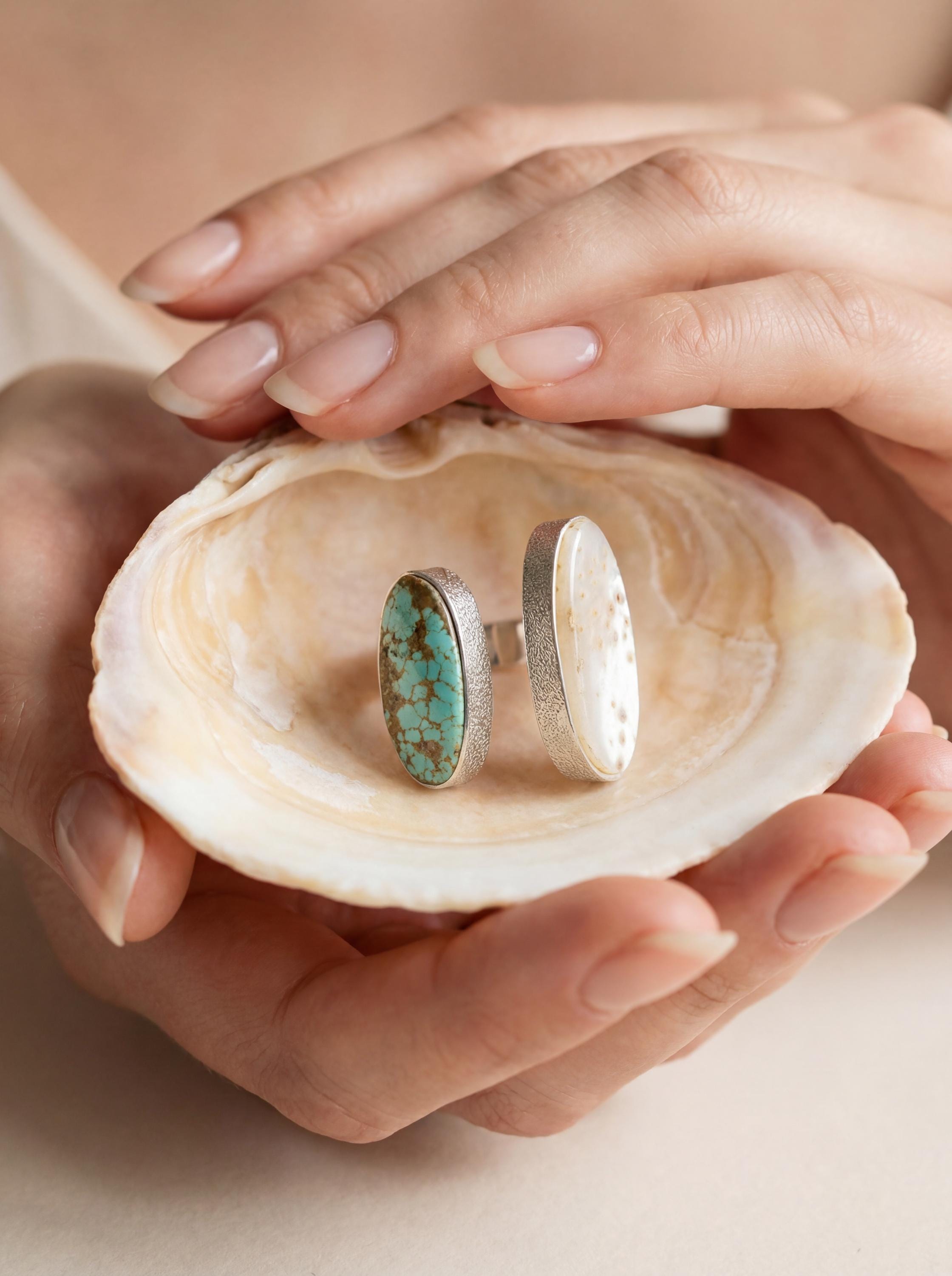 Mother of Pearl Turquoise Dual Stone Ring 925 Sterling Silver Adjustable Open Band Organic Texture Jewelry