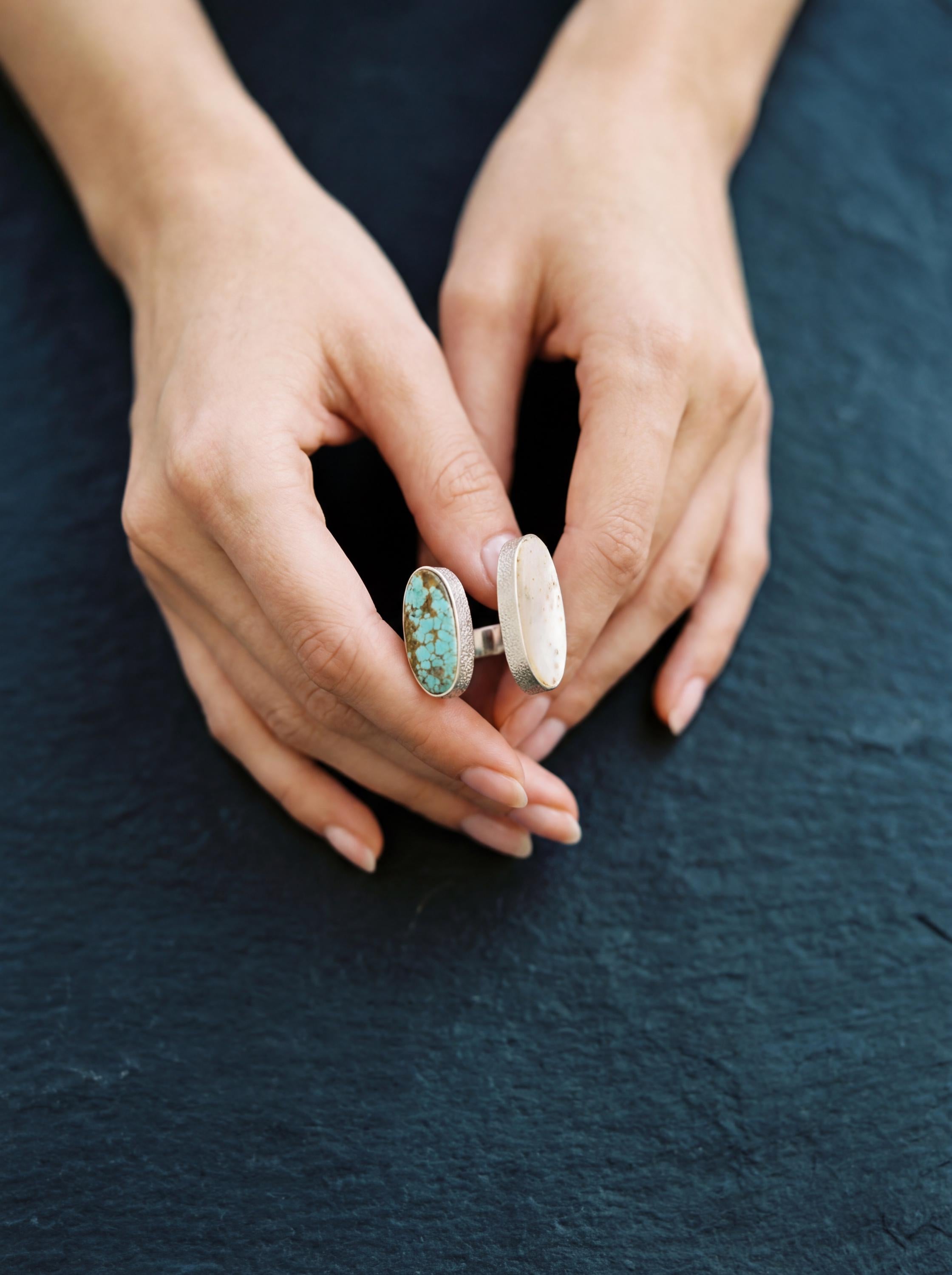 Mother of Pearl Turquoise Dual Stone Ring 925 Sterling Silver Adjustable Open Band Organic Texture Jewelry