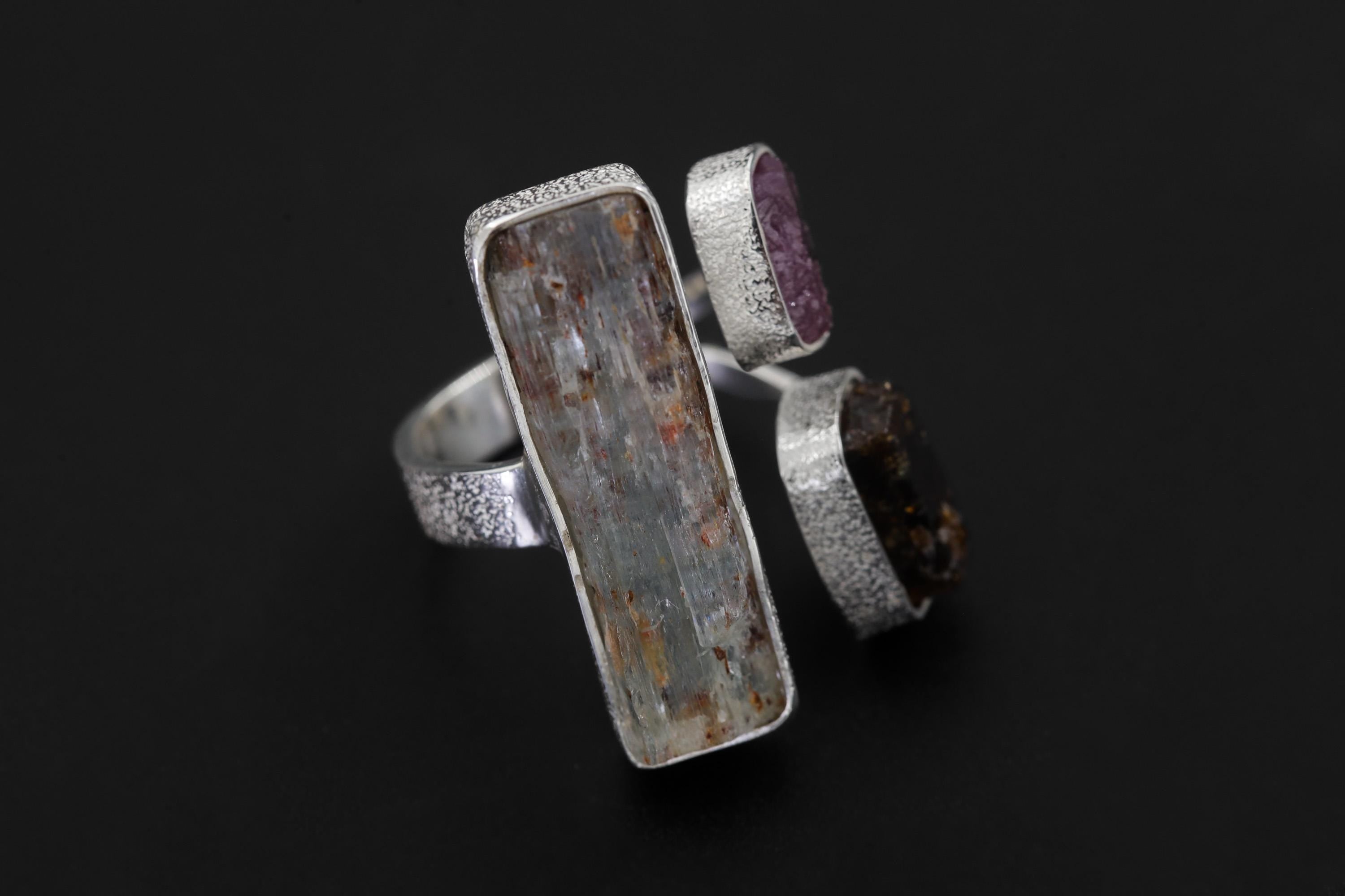 Raw Aquamarine Ruby Brown Tourmaline Ring Sterling Silver Open Band Grounding Vitality Crystal Jewelry Gift