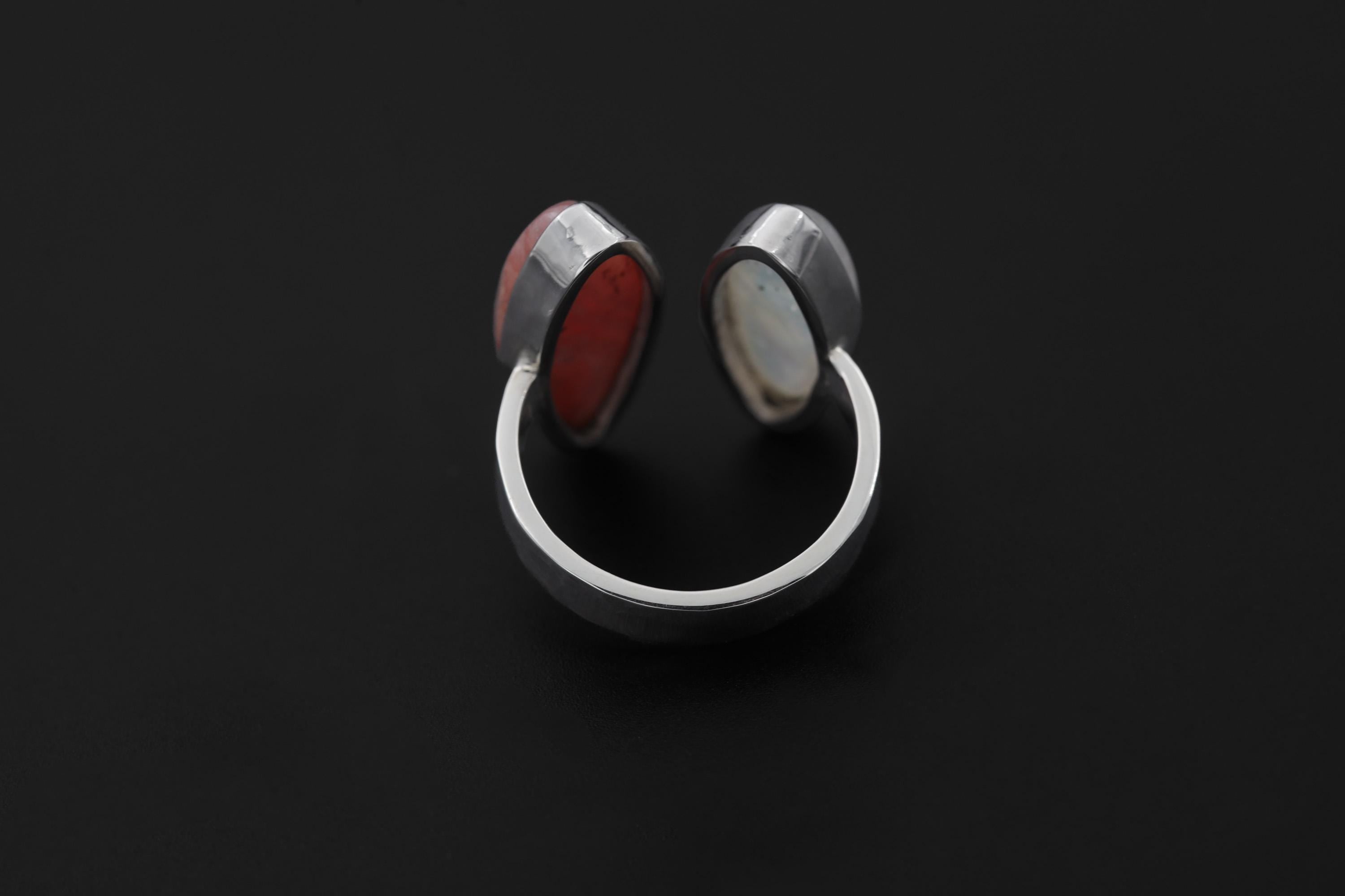 Rhodochrosite Moonstone Ring 925 Silver Adjustable Open Ring Hammered Texture Pink Blue Statement Jewelry