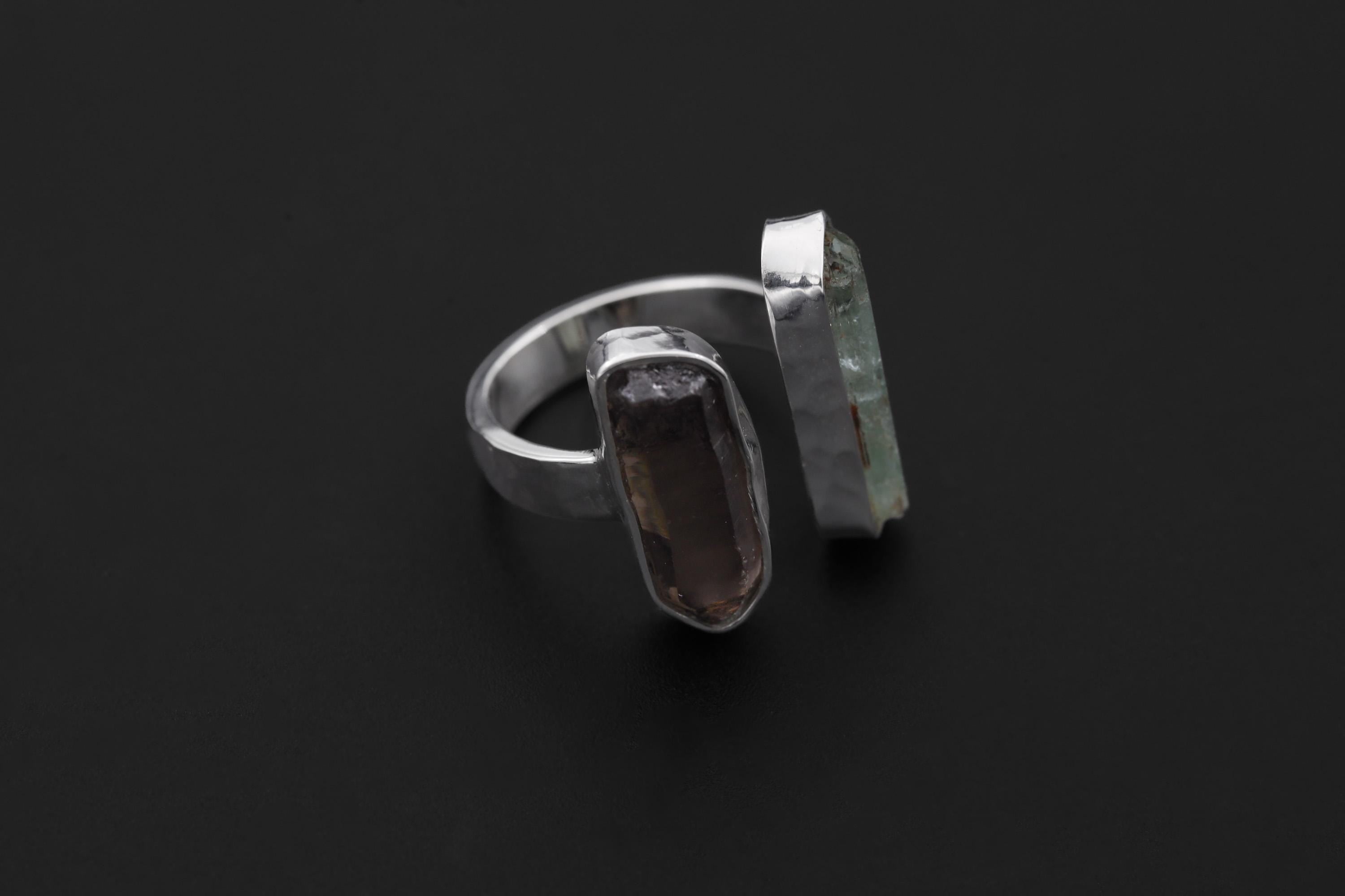 Smoky Quartz Aquamarine Dual Stone Ring, Hammered Sterling Silver Band, Adjustable Open Ring