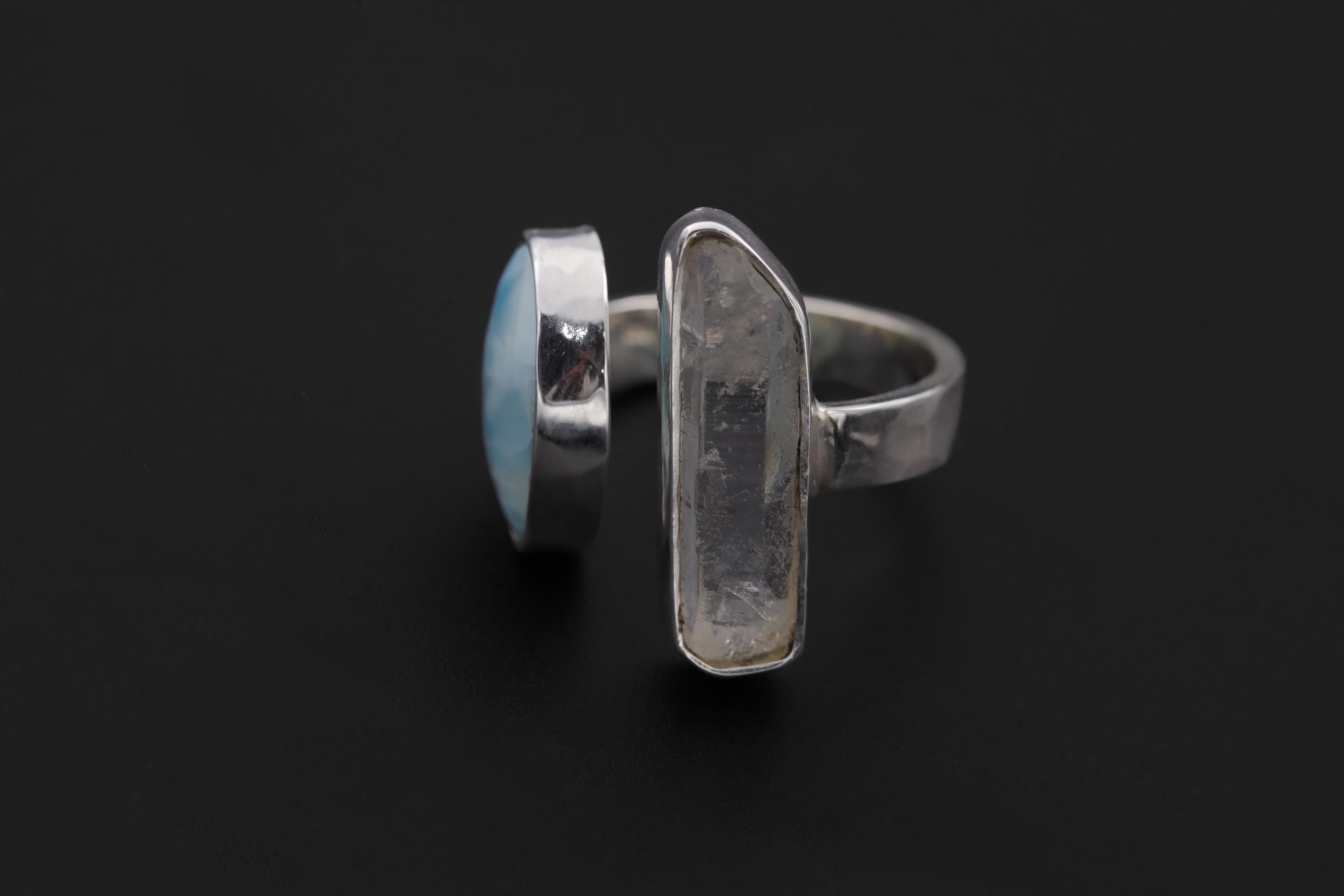 Clear Quartz Larimar Ring 925 Sterling Silver Adjustable Hammered Band Crown Throat Chakra Ocean Jewelry Gift