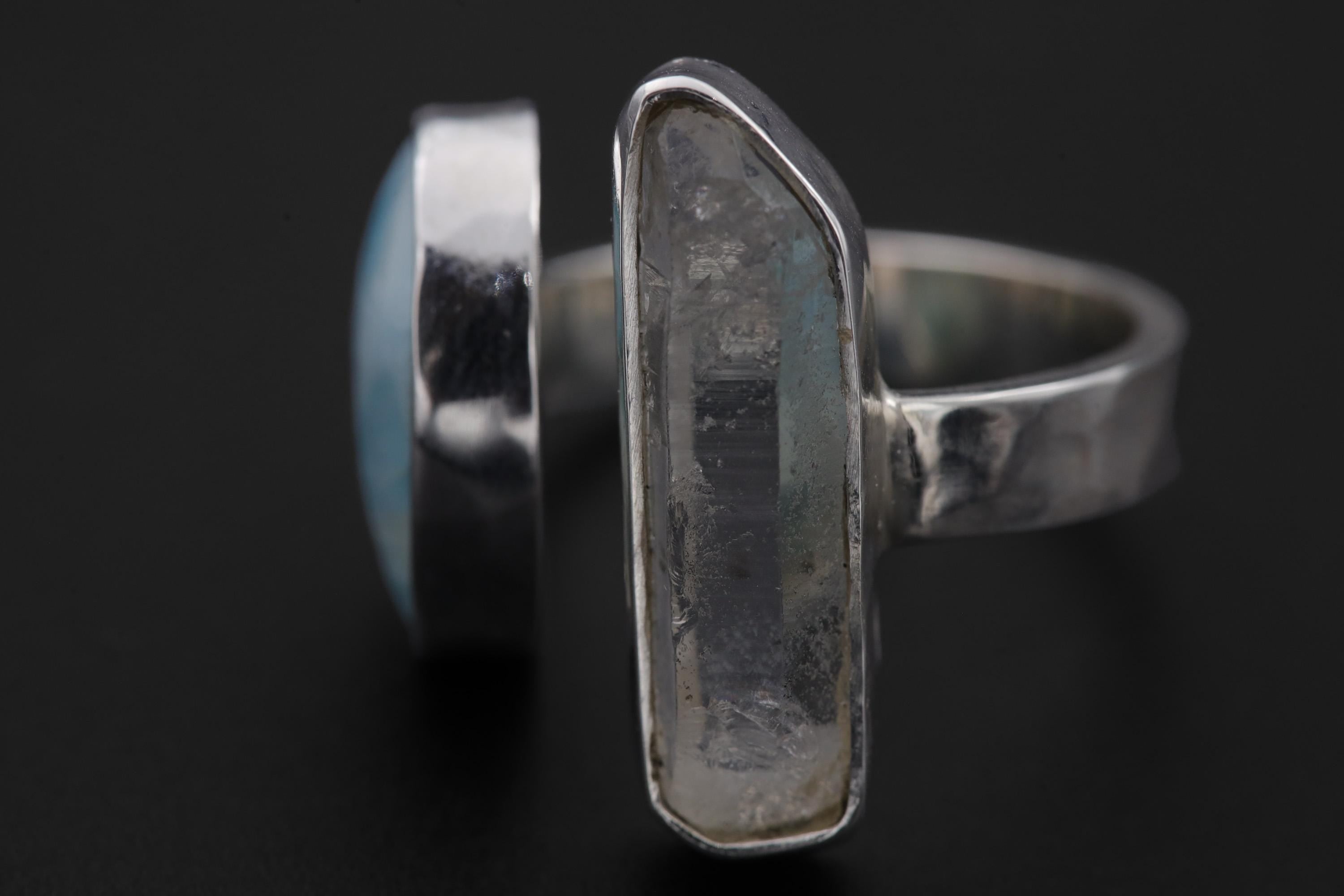 Clear Quartz Larimar Ring 925 Sterling Silver Adjustable Hammered Band Crown Throat Chakra Ocean Jewelry Gift