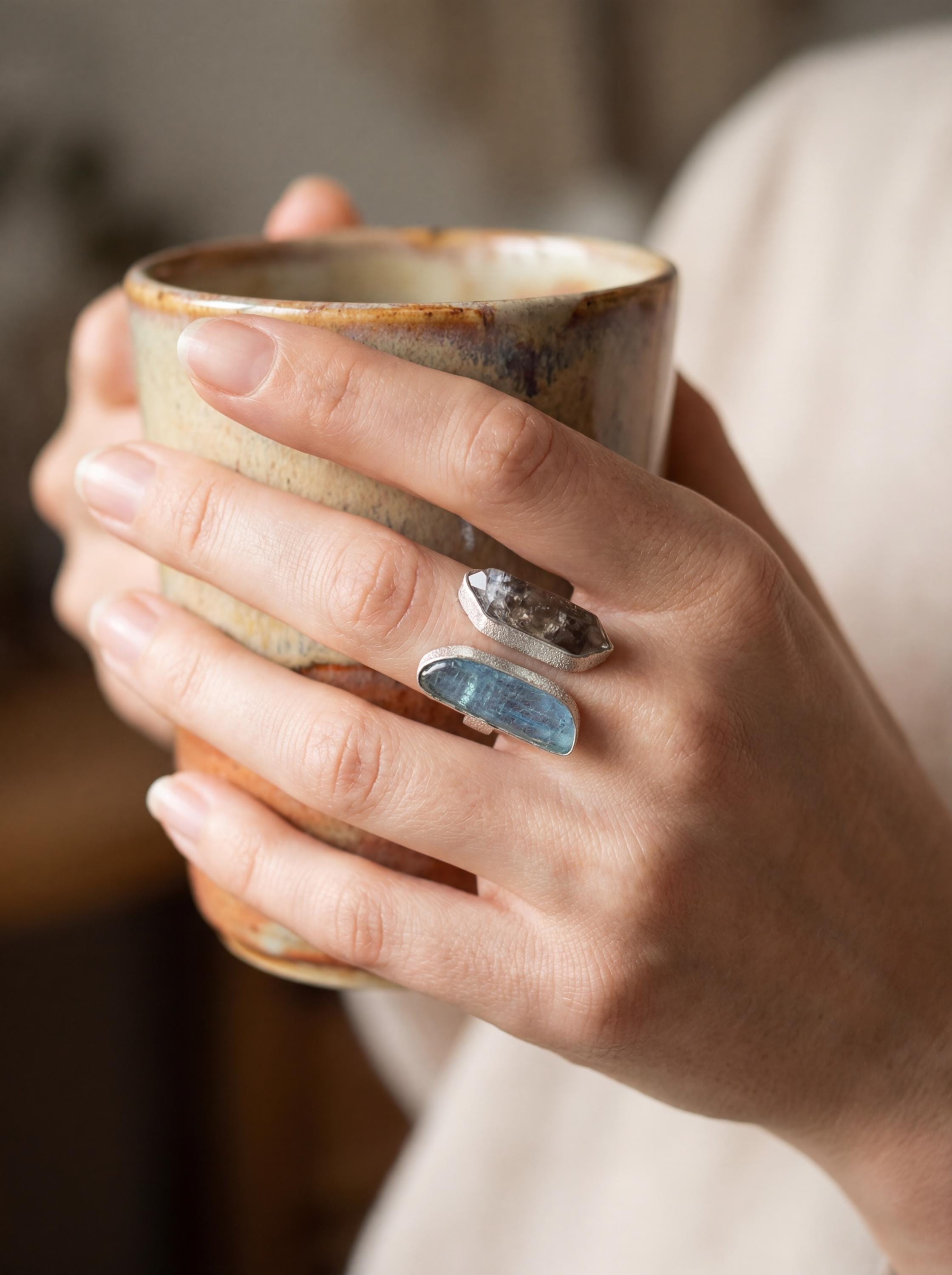 Morella Smoky Quartz Aquamarine Ring 925 Sterling Silver Adjustable Organic Textured Band Root Throat Chakra Gift