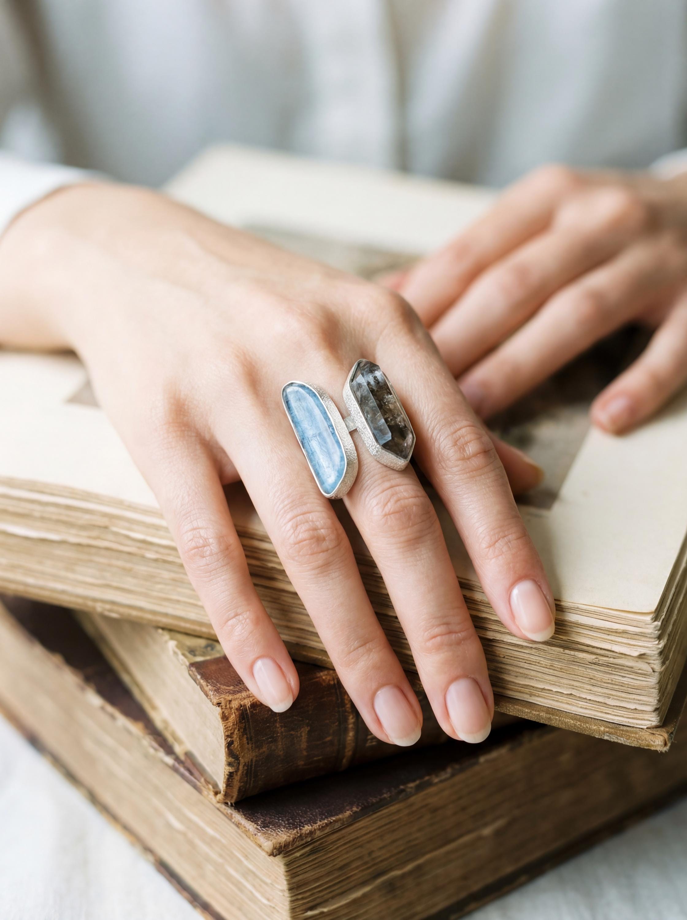 Smoky Quartz Aquamarine Ring, 925 Sterling Silver Adjustable Band