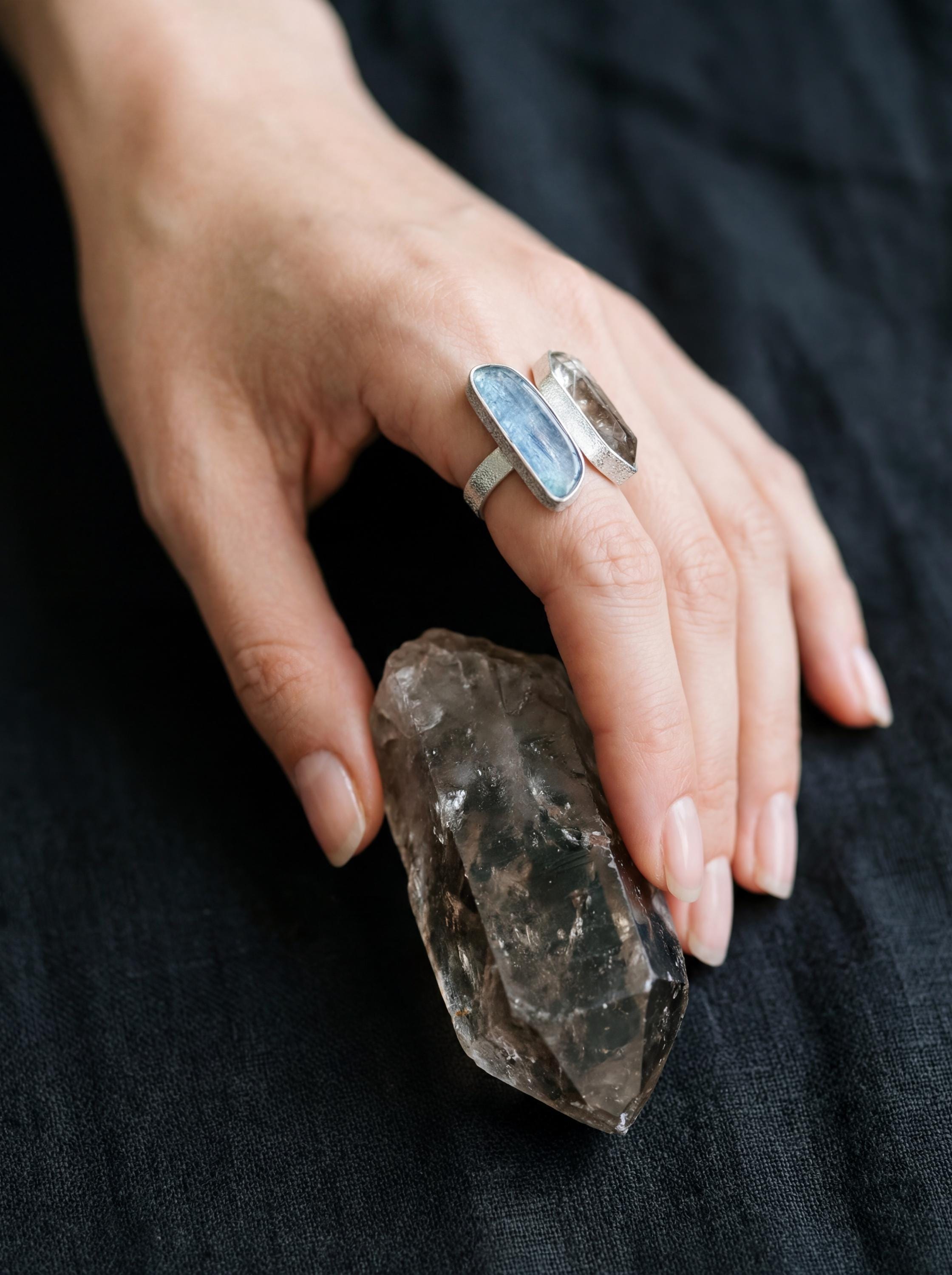 Smoky Quartz Aquamarine Ring, 925 Sterling Silver Adjustable Band