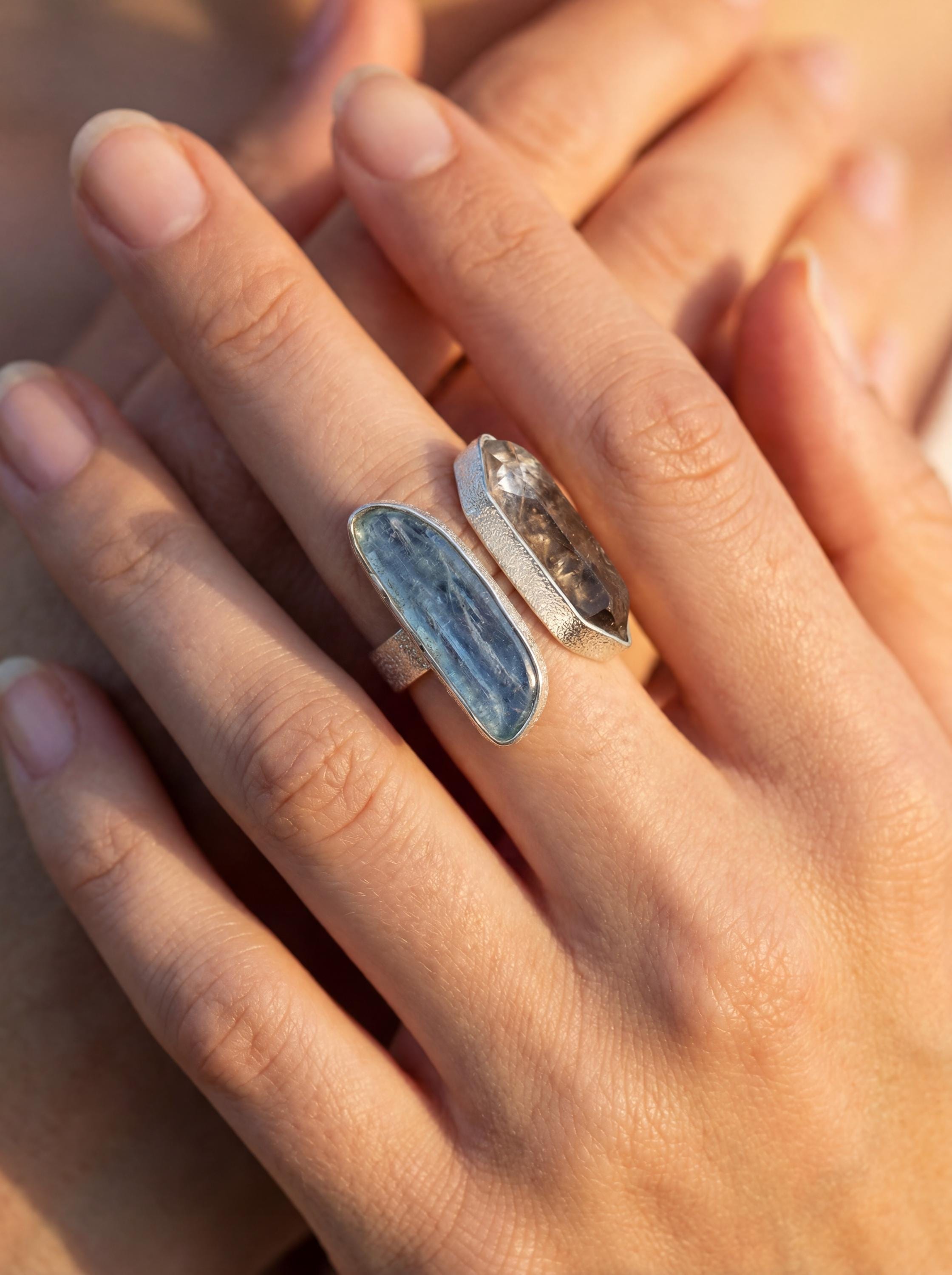 Smoky Quartz Aquamarine Ring, 925 Sterling Silver Adjustable Band