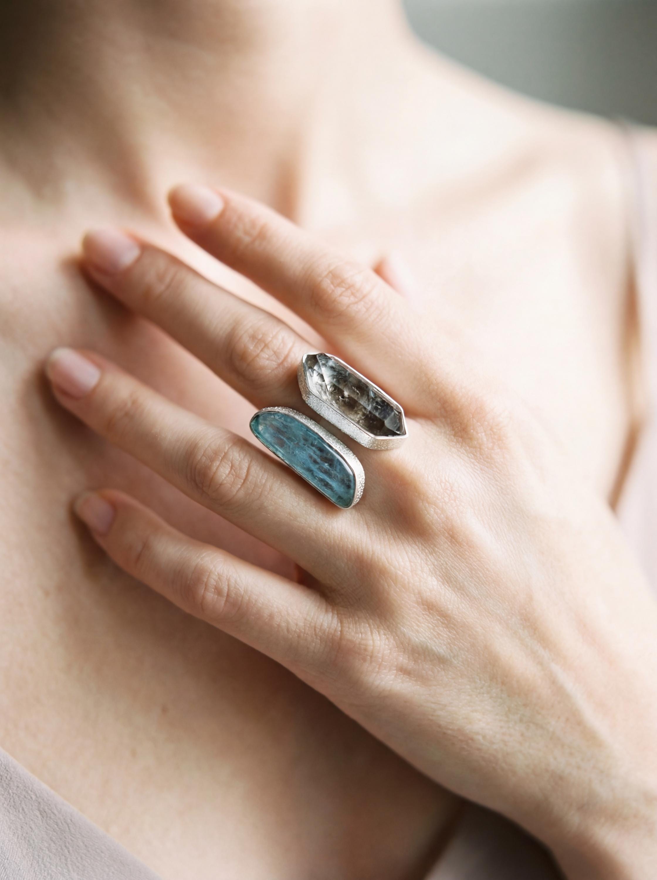 Smoky Quartz Aquamarine Ring, 925 Sterling Silver Adjustable Band