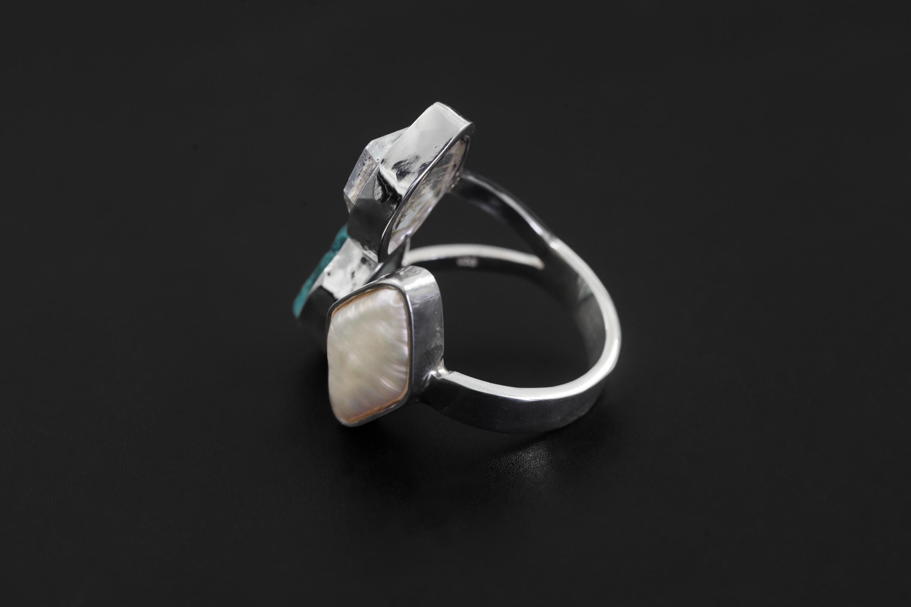 Herkimer Diamond Pearl Blue Apatite Ring 925 Sterling Silver Adjustable Throat Crown Chakra Crystal Gift