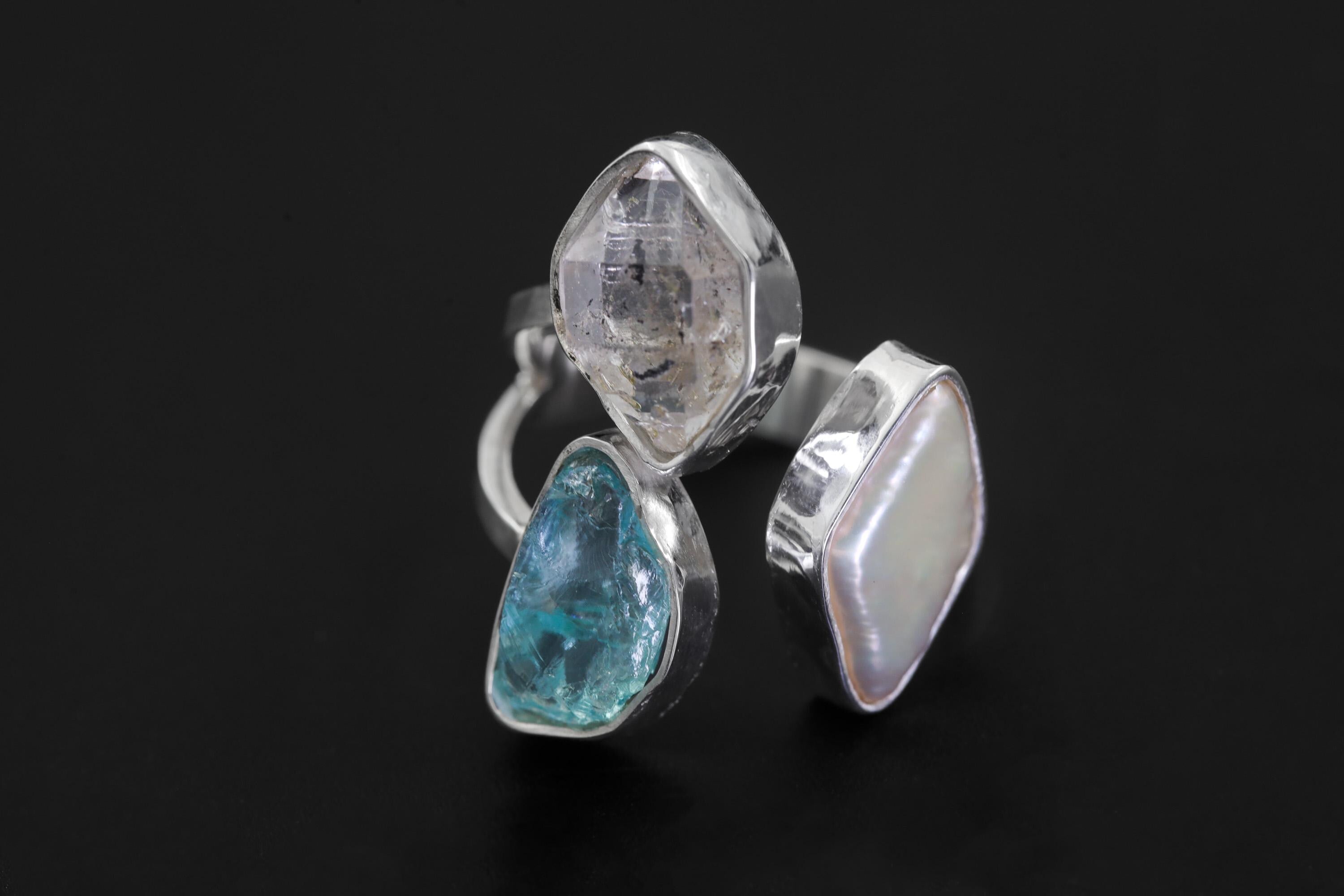 Herkimer Diamond Pearl Blue Apatite Ring 925 Sterling Silver Adjustable Throat Crown Chakra Crystal Gift