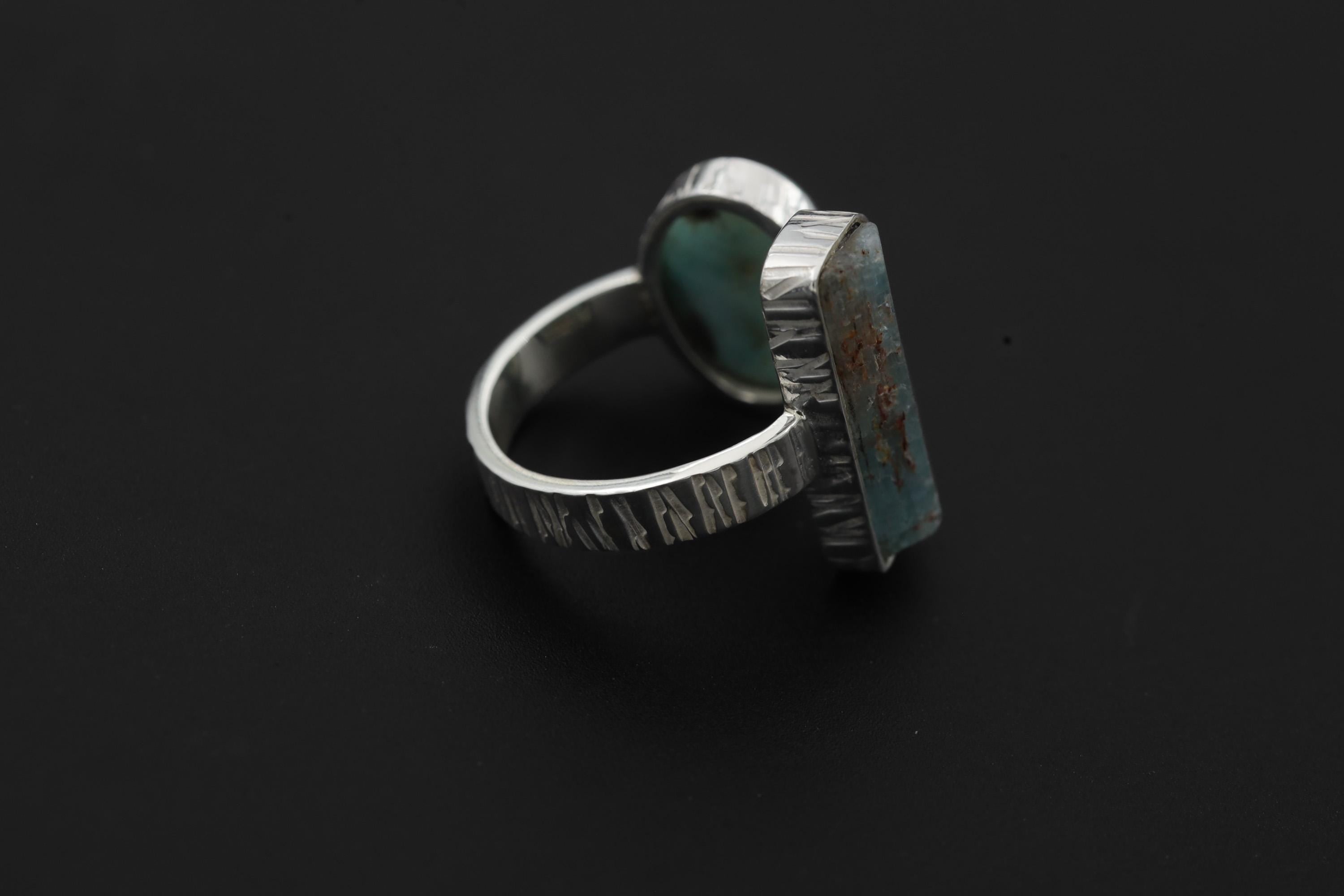 Aquamarine Larimar Ring 925 Sterling Silver Adjustable Band Raw Crystal Throat Heart Chakra Ocean Gift