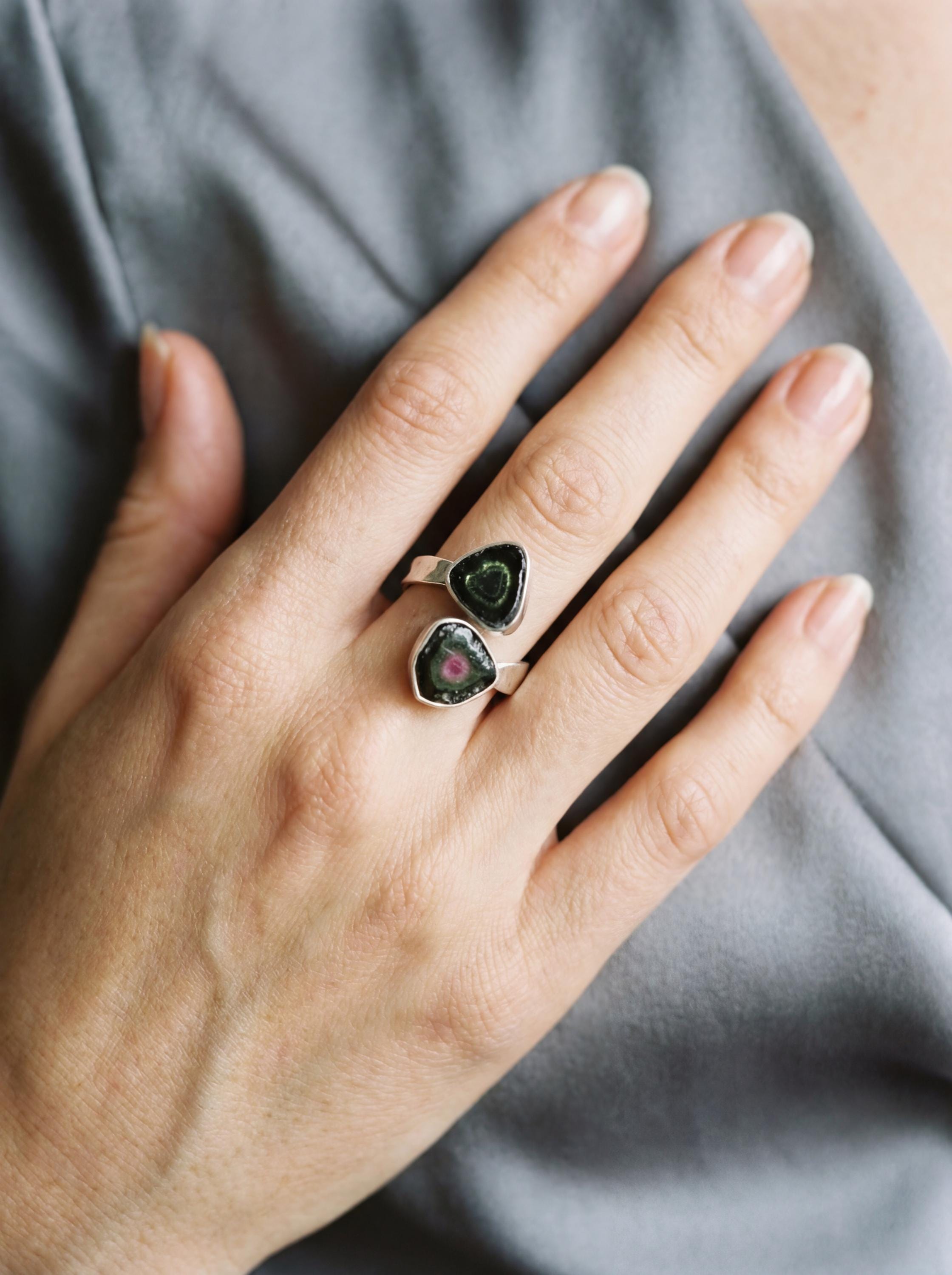 Dual Tourmaline Ring, 925 Sterling Silver Adjustable Open Band