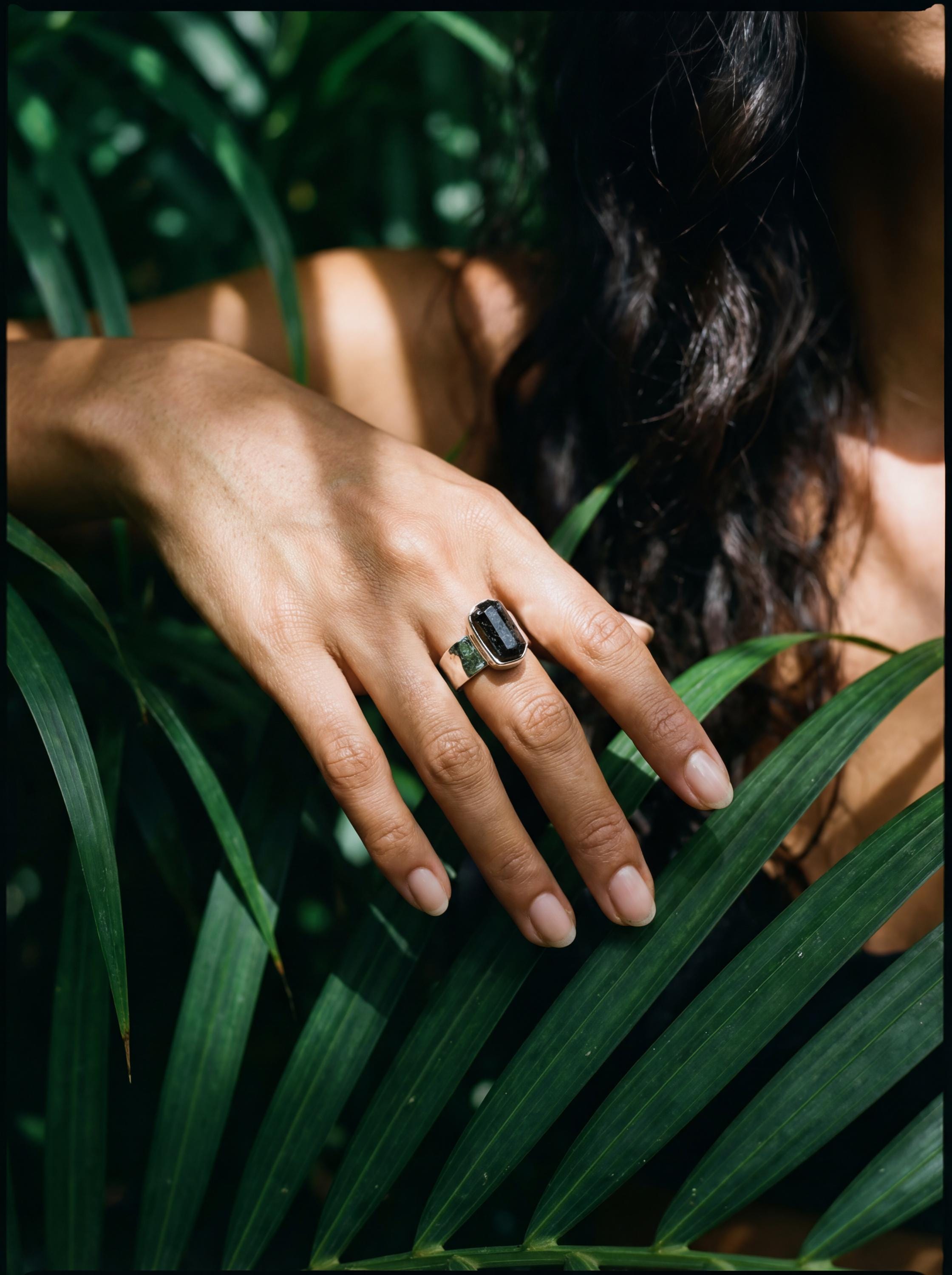 Hammered Sterling Silver Black Tourmaline Ring - Unisex