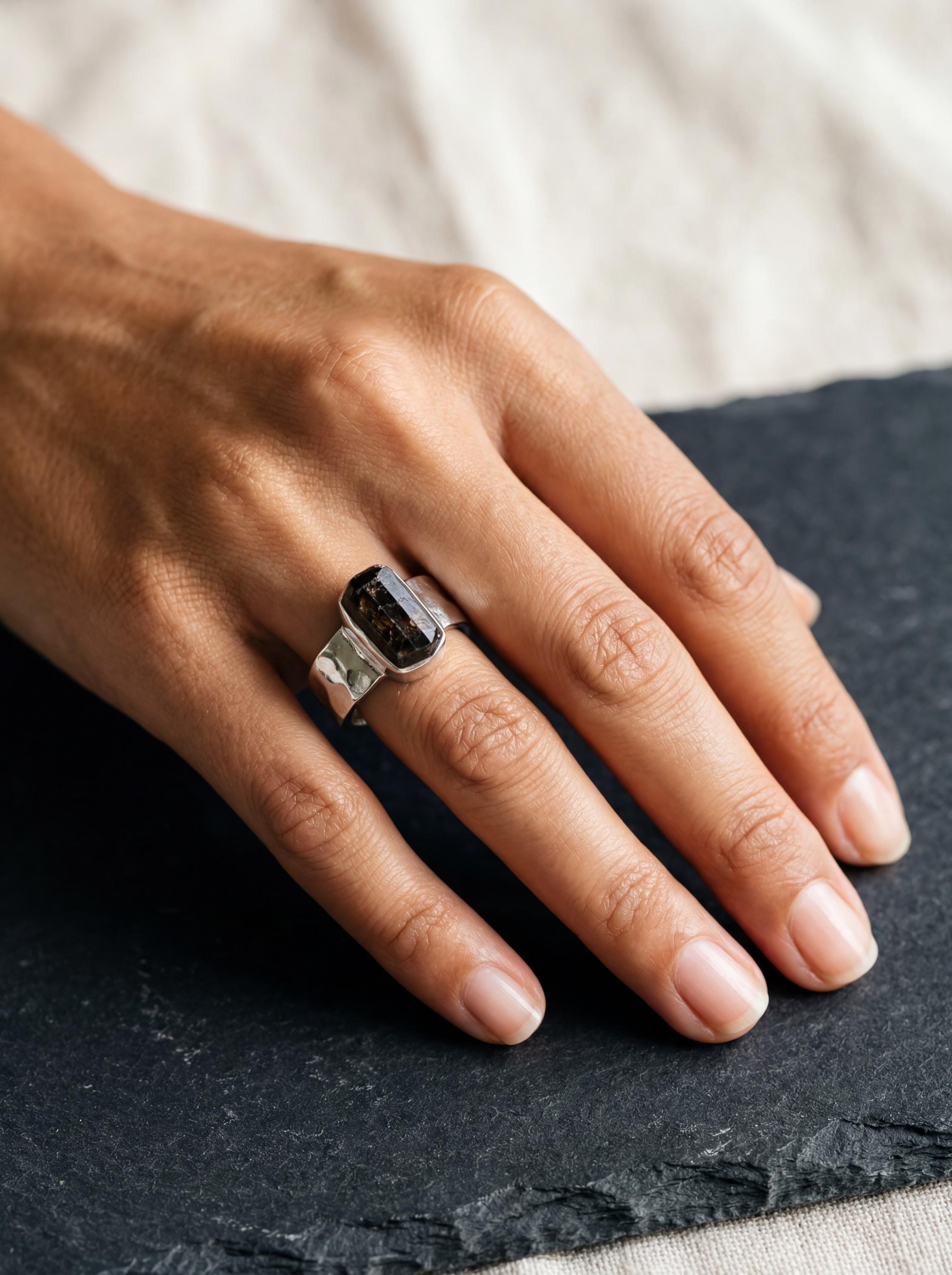 Hammered Sterling Silver Black Tourmaline Ring - Unisex