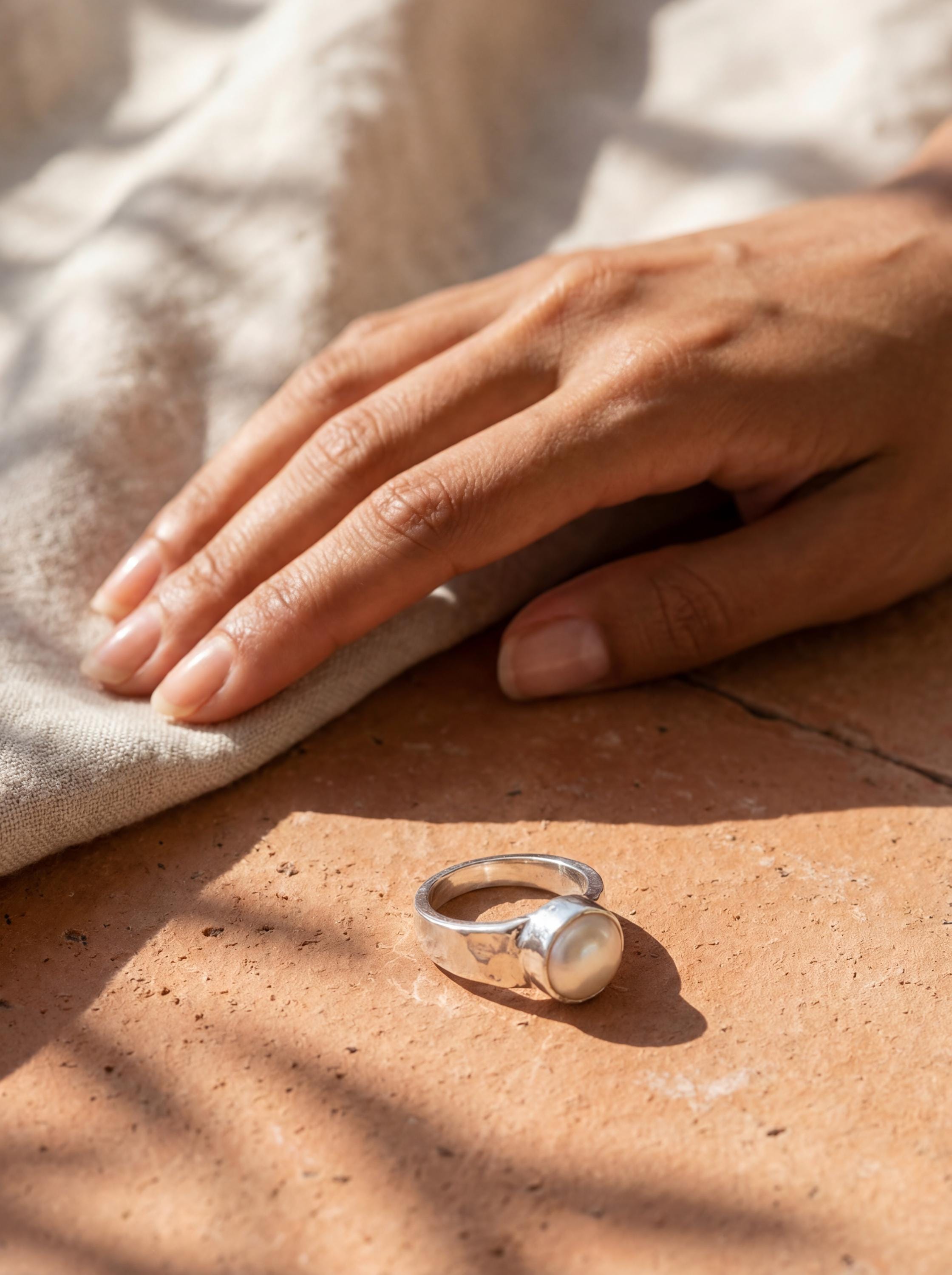 South Sea Pearl Ring: Hammered Sterling Silver Band, Unisex
