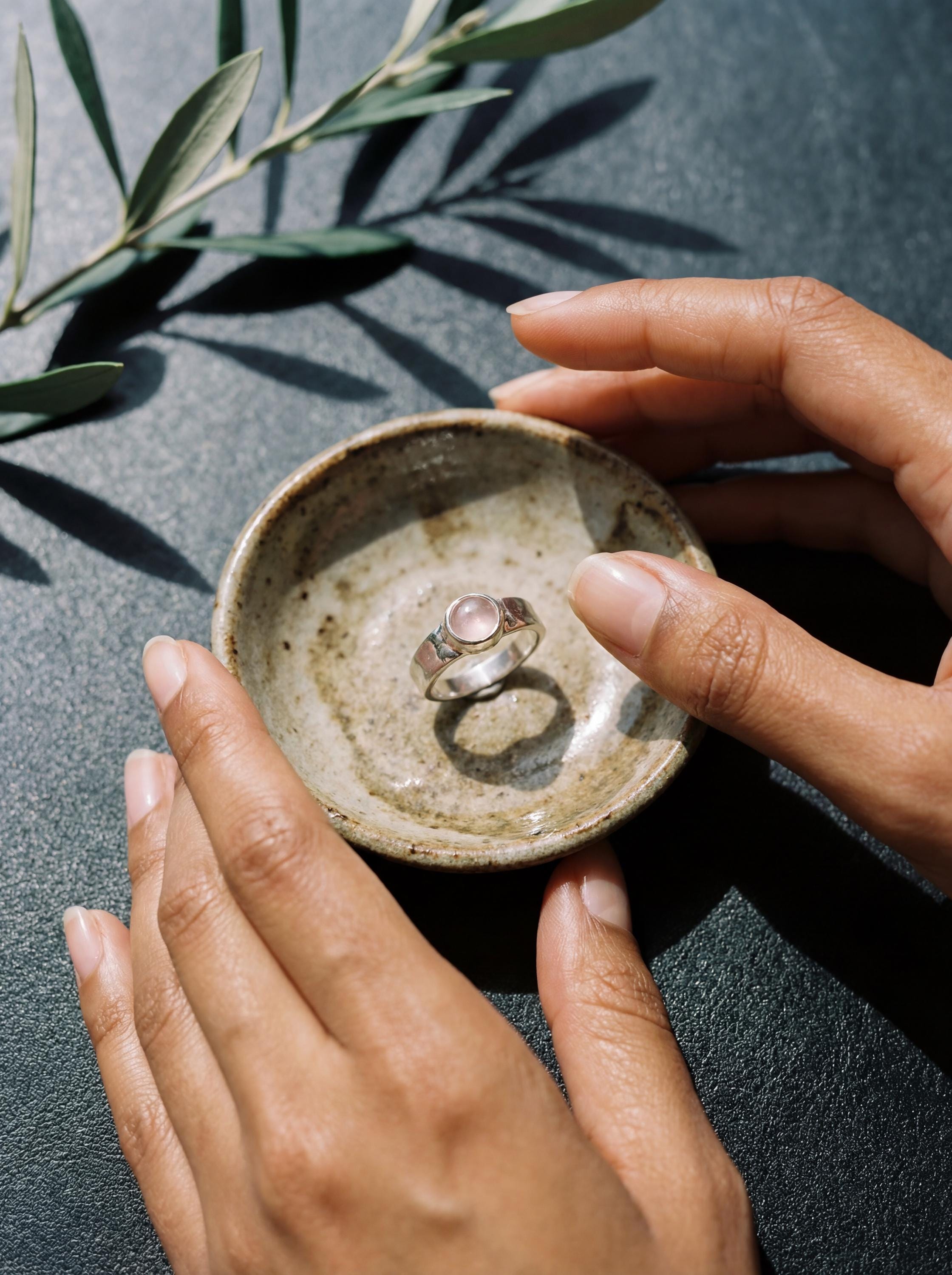 Rose Quartz Sterling Silver Ring: Hammered Unisex Band