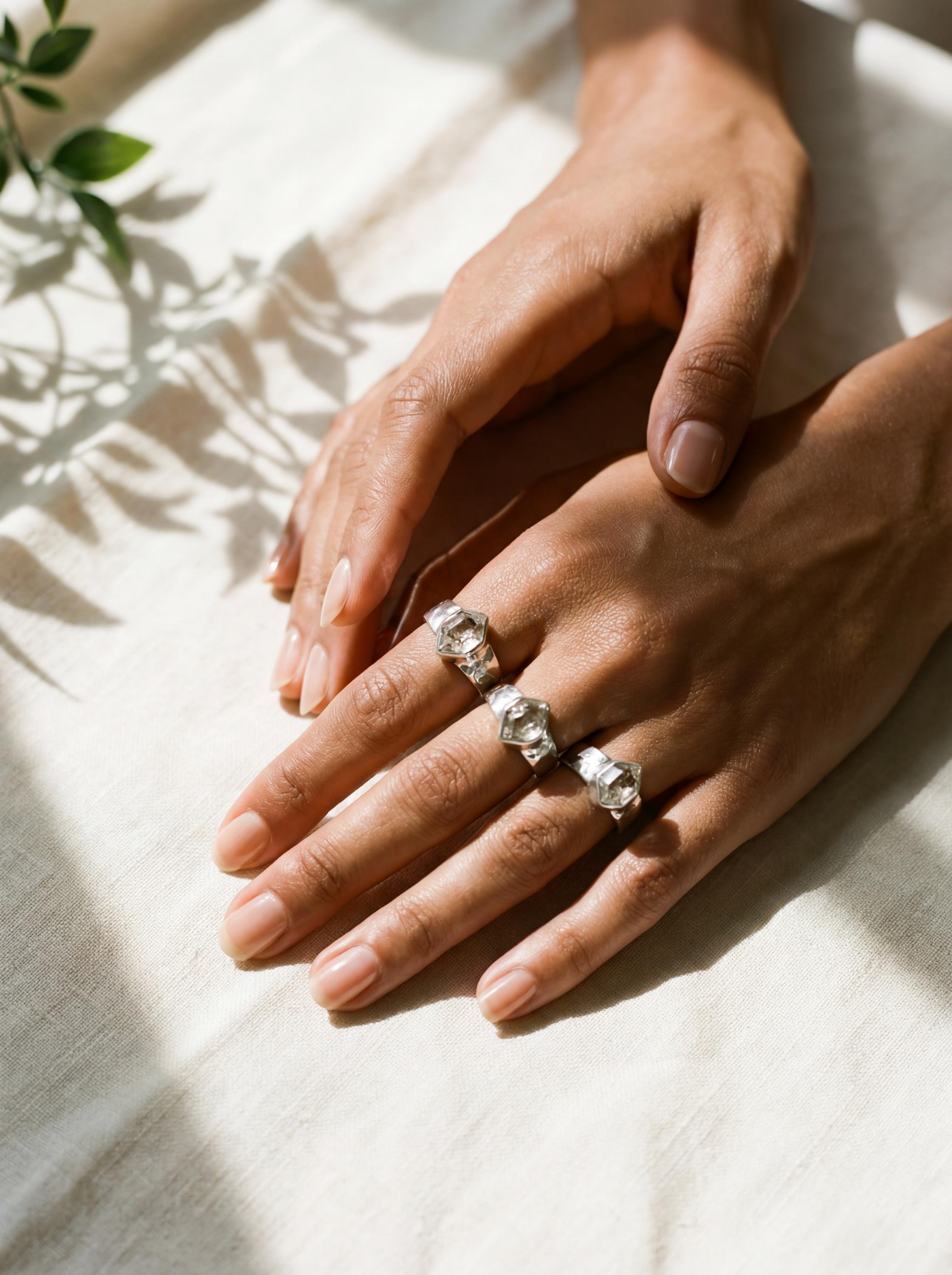 Herkimer Diamond Ring 925 Sterling Silver Raw Quartz Crystal Textured Hammered Band Crown Chakra Aries Sagittarius Gift