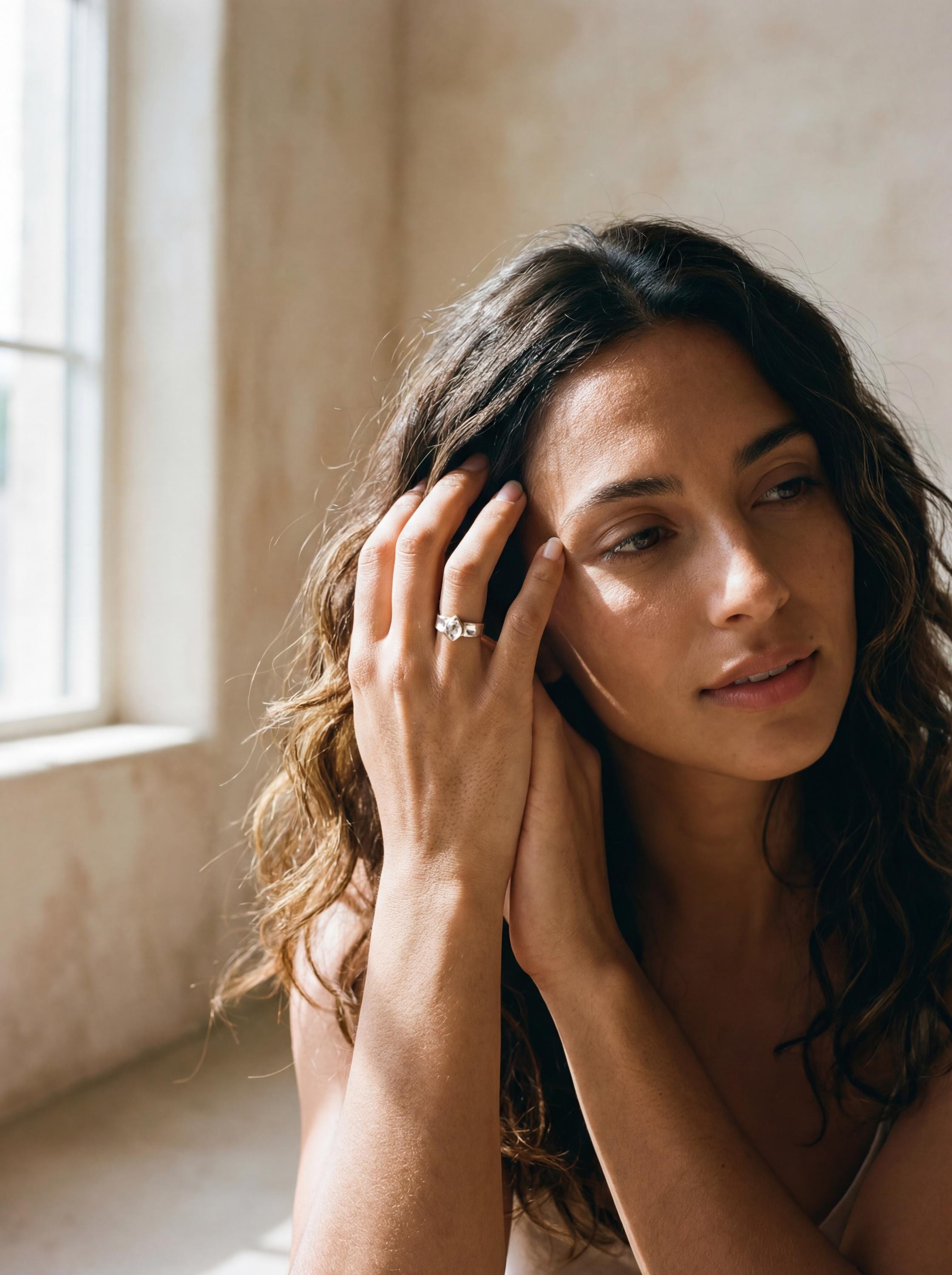 Crystal Clarity Herkimer Diamond Ring shown worn with raw Herkimer Diamond Quartz and sculpted silver setting.