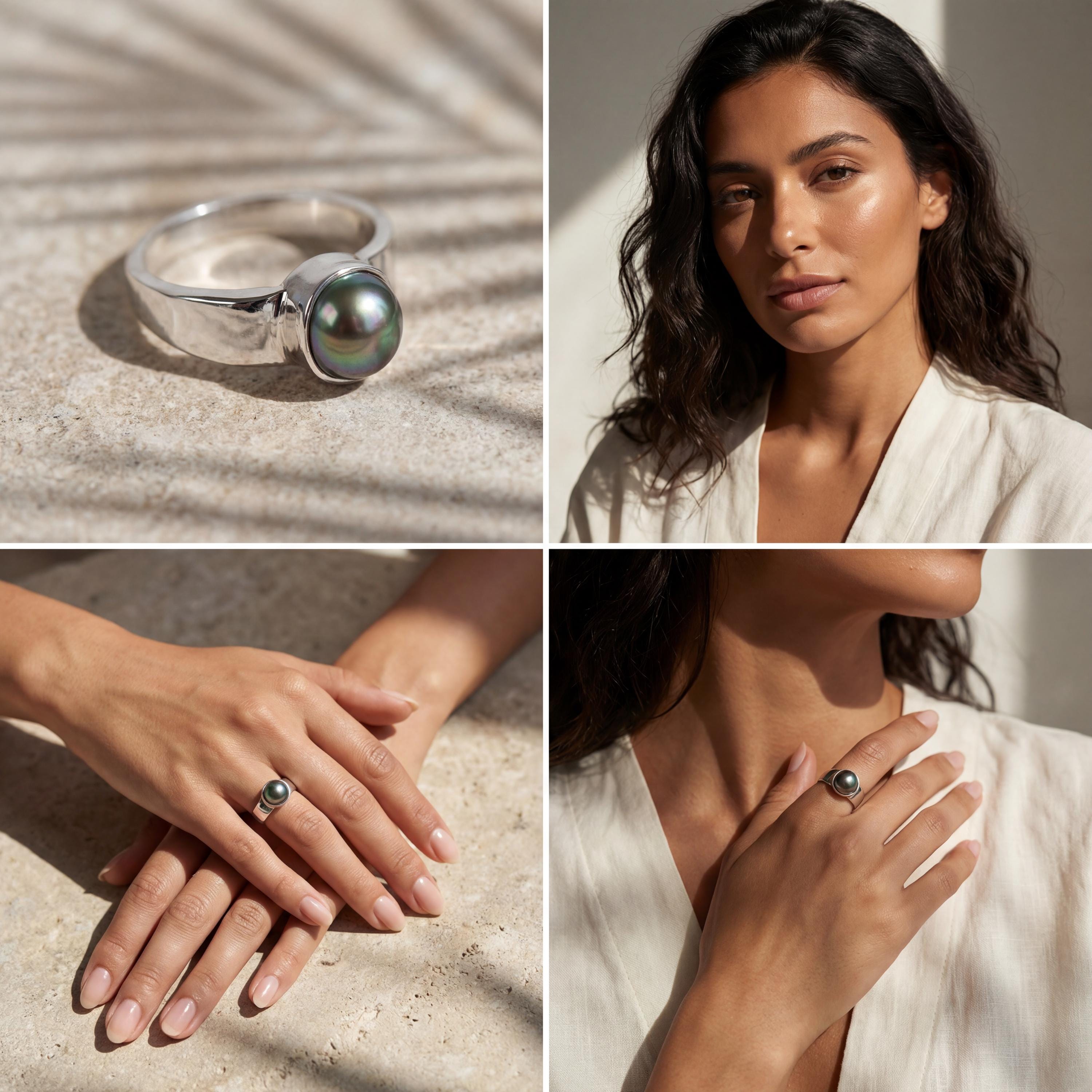 Midnight Luster Black Pearl Ring shown in lifestyle collage with dark Pearl and handmade sterling silver setting.