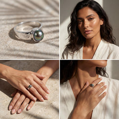 Midnight Luster Black Pearl Ring shown in lifestyle collage with dark Pearl and handmade sterling silver setting.