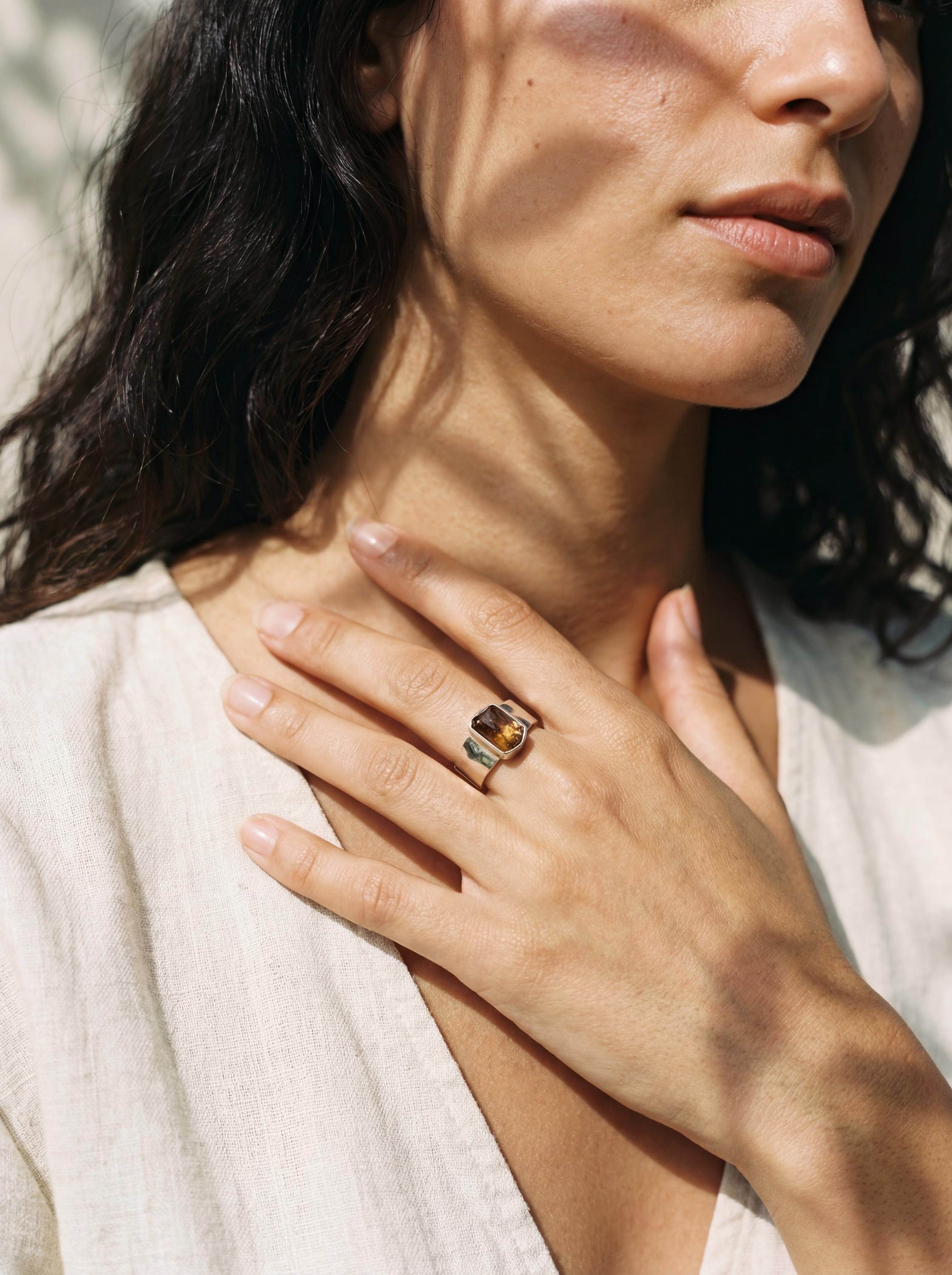Himalayan Brown Tourmaline Ring: Hammered Sterling Silver Unisex Band