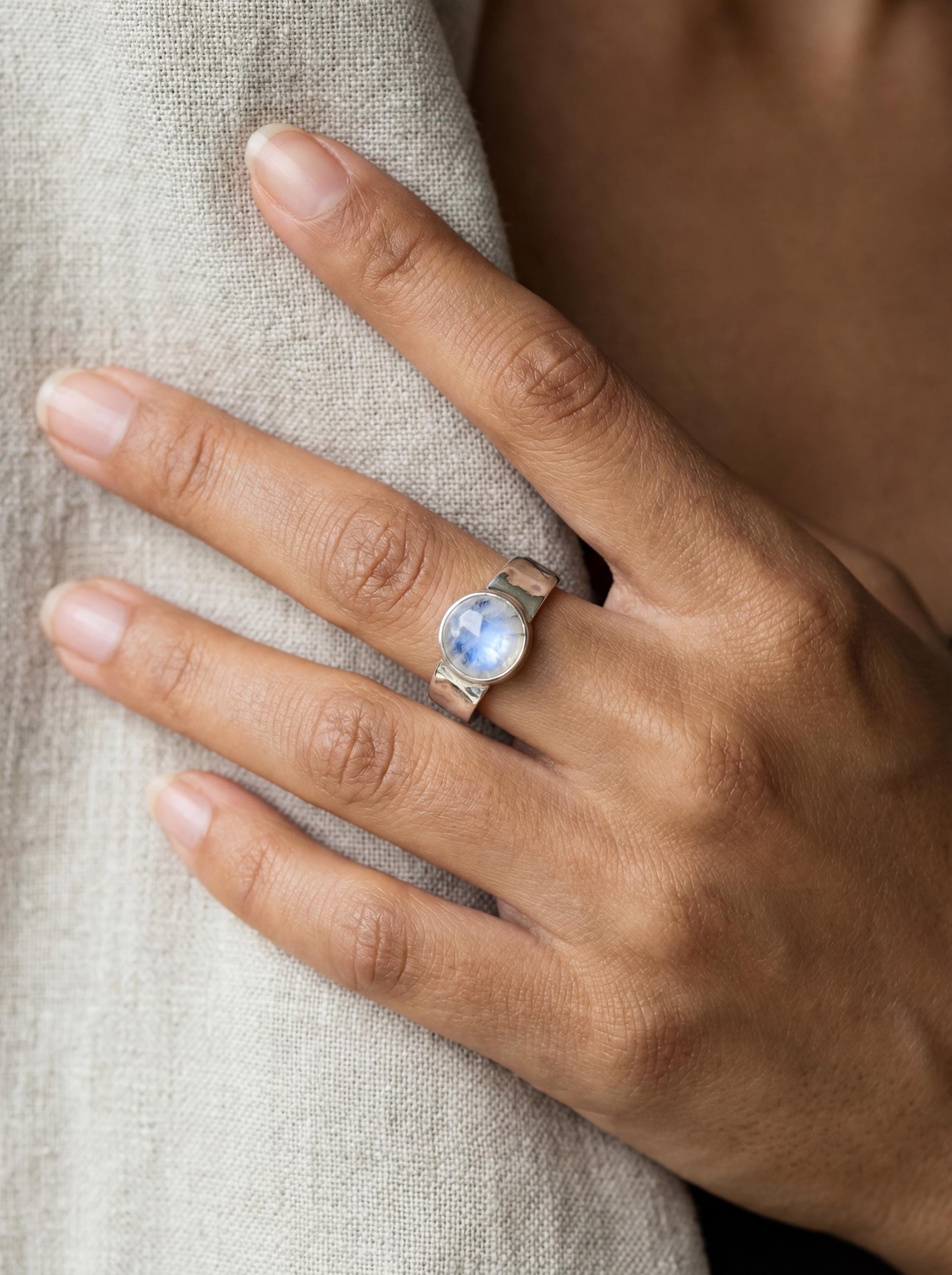 Blue Moonstone Ring: Hammered Sterling Silver Band, Unisex