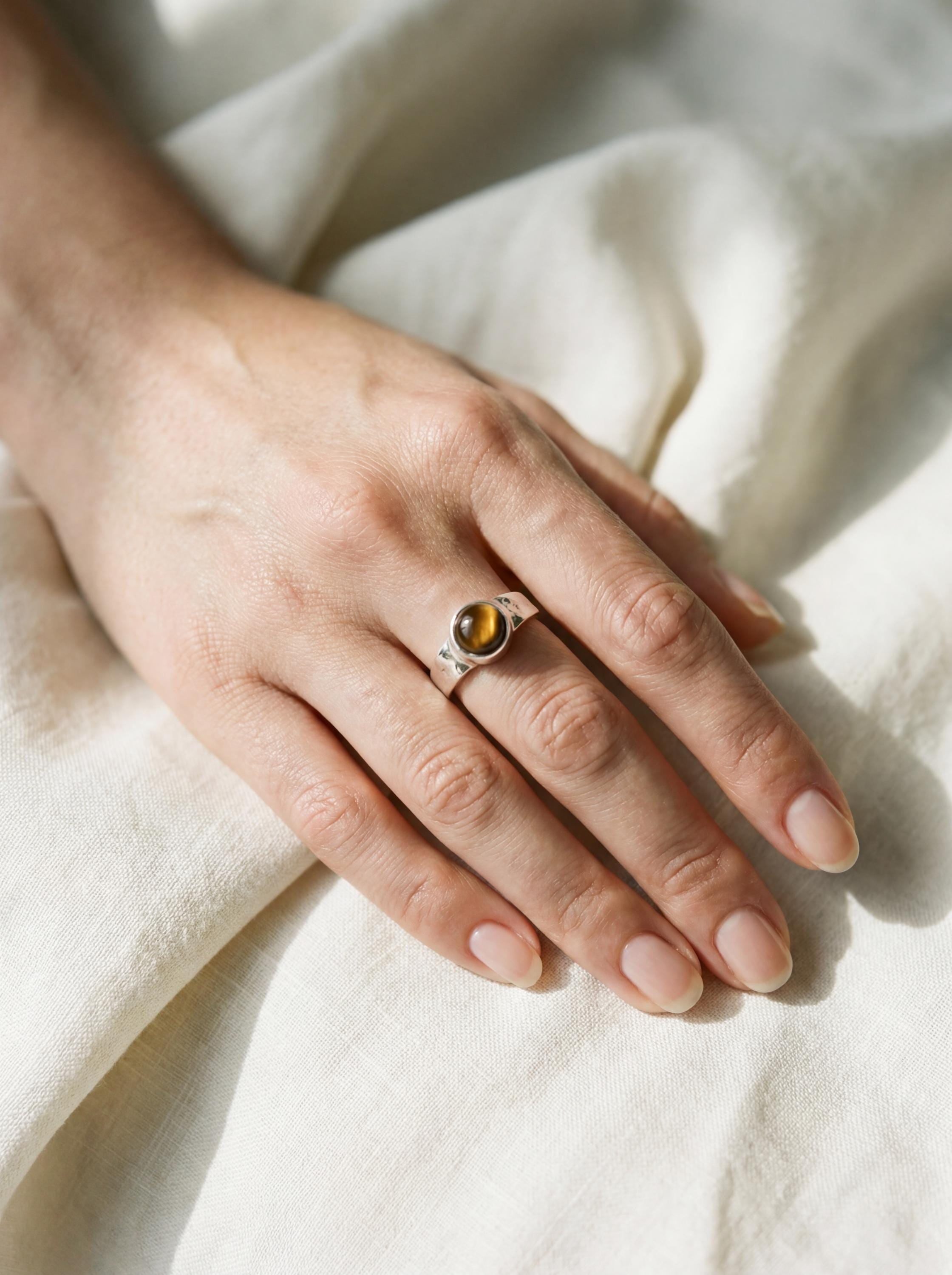 Tiger's Eye Ring: Hammered Sterling Silver Band, Unisex Design