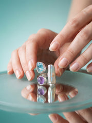 Sterling Silver Multi Stone Ring: Angel Aura, Blue Apatite, Amethyst – Adjustable Band