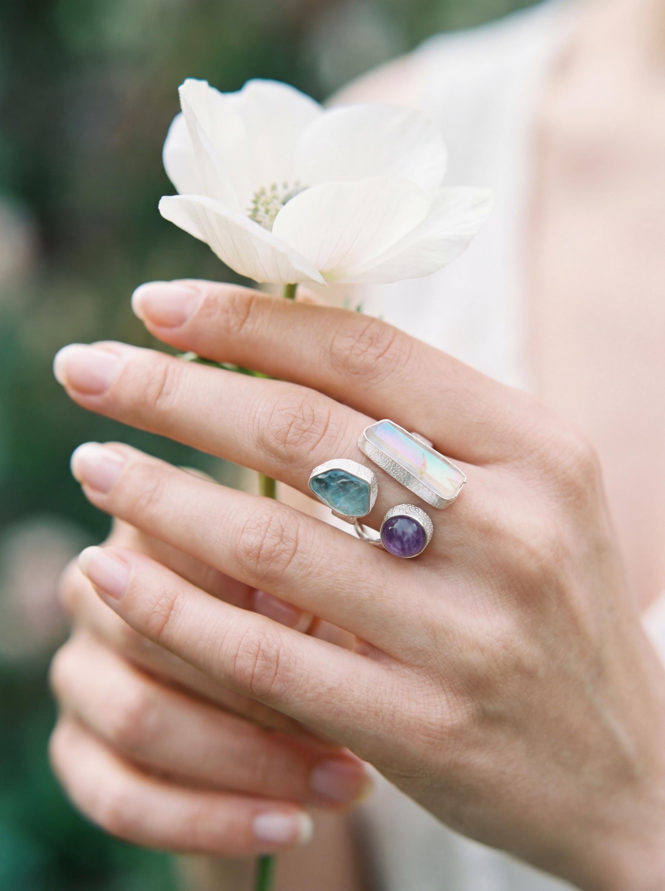 Sterling Silver Multi Stone Ring: Angel Aura, Blue Apatite, Amethyst – Adjustable Band