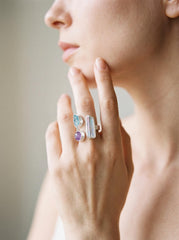 Sterling Silver Multi Stone Ring: Angel Aura, Blue Apatite, Amethyst – Adjustable Band