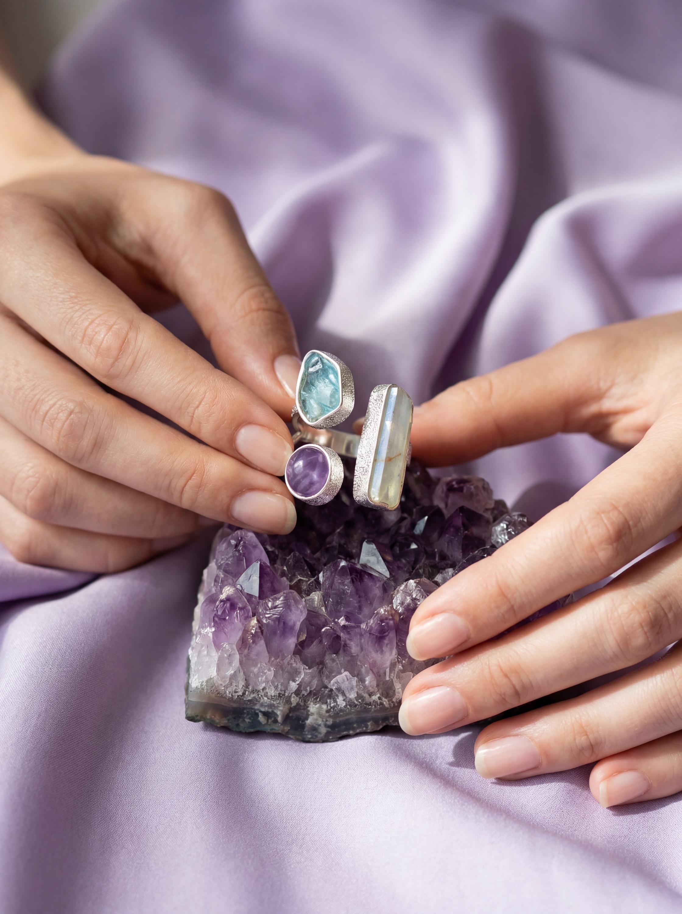 Sterling Silver Multi Stone Ring: Angel Aura, Blue Apatite, Amethyst – Adjustable Band