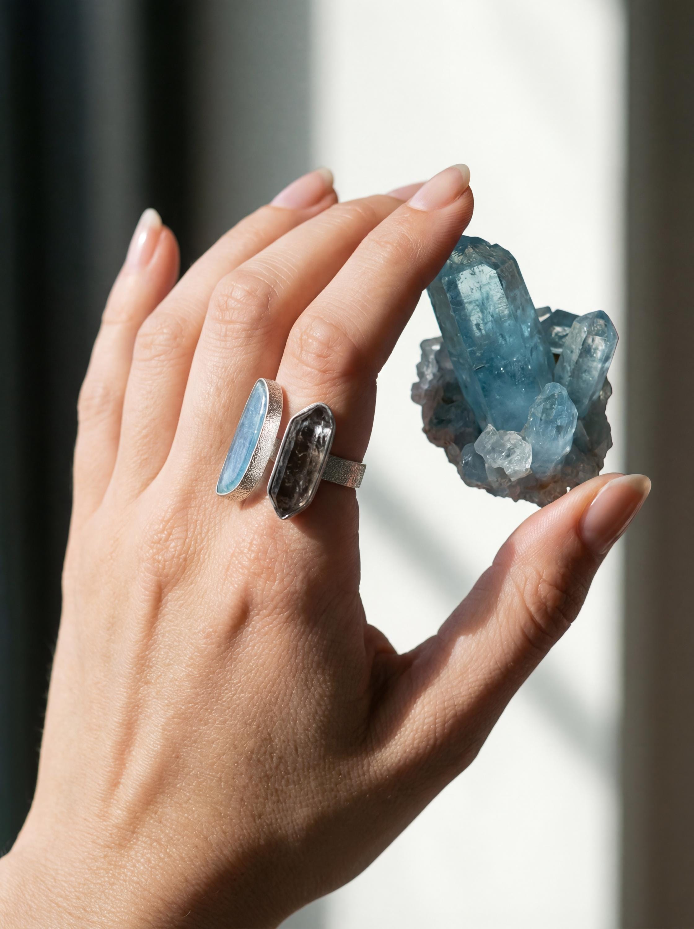 Aquamarine Black Tourmaline Ring 925 Sterling Silver Adjustable Band Throat Root Chakra Protection Gift
