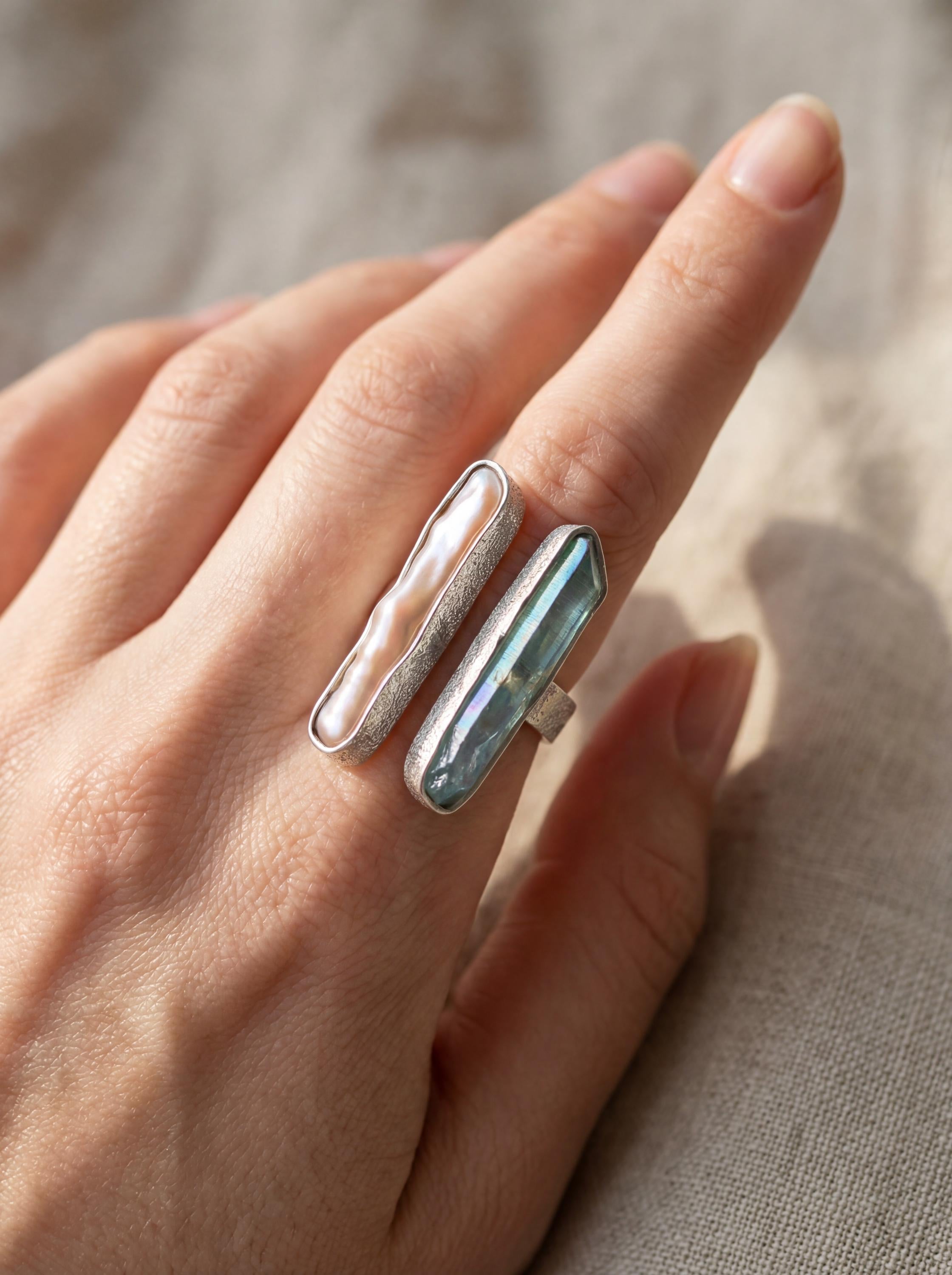 Pearl Aqua Aura Quartz Ring 925 Silver Adjustable Open Ring Organic Texture Statement Jewelry