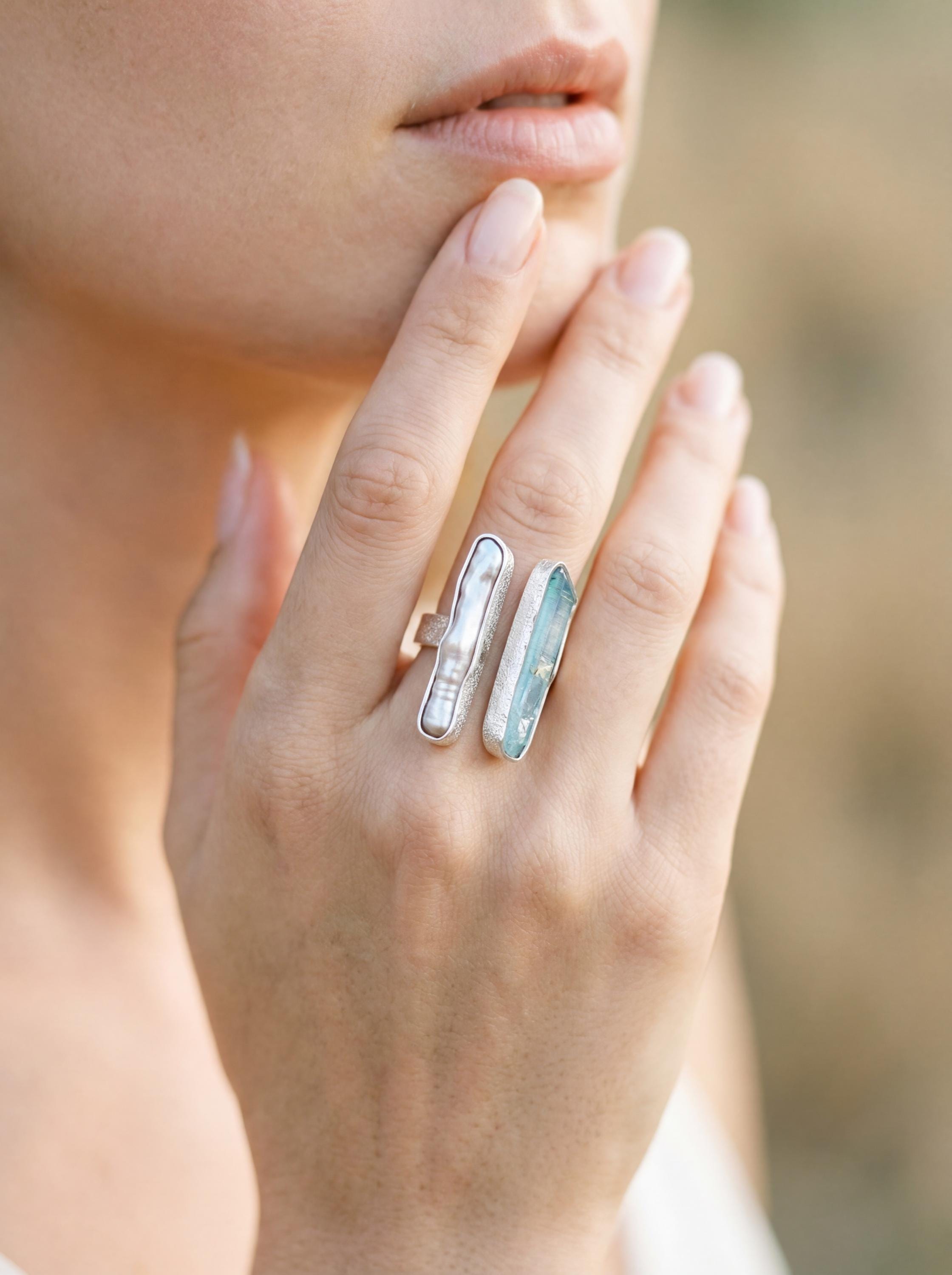Pearl Aqua Aura Quartz Ring 925 Silver Adjustable Open Ring Organic Texture Statement Jewelry