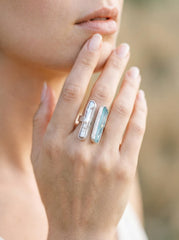 Pearl Aqua Aura Quartz Ring 925 Silver Adjustable Open Ring Organic Texture Statement Jewelry