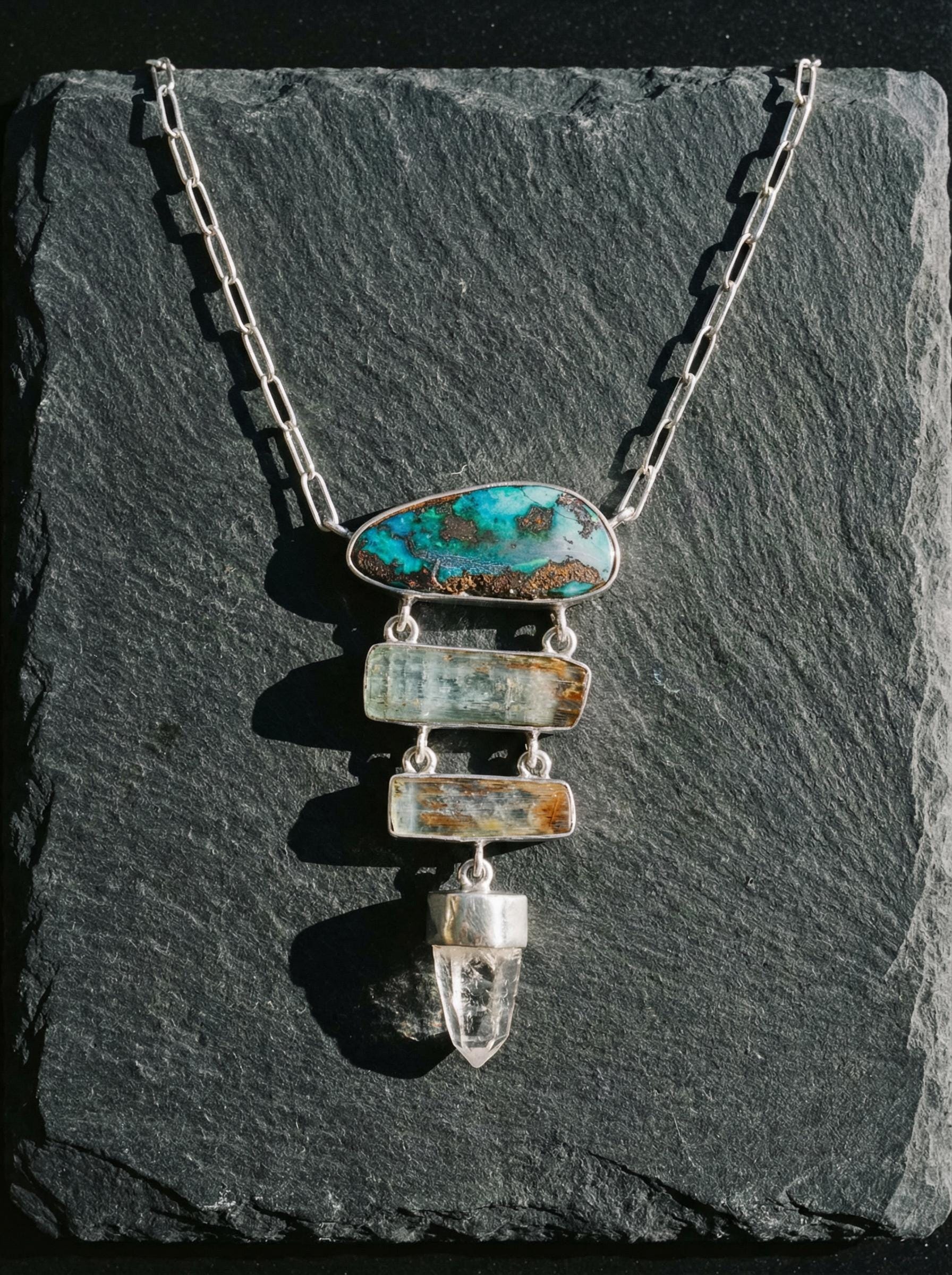 Boulder Opal Pendant: Aquamarine, Lemurian Quartz, Sterling Silver Necklace
