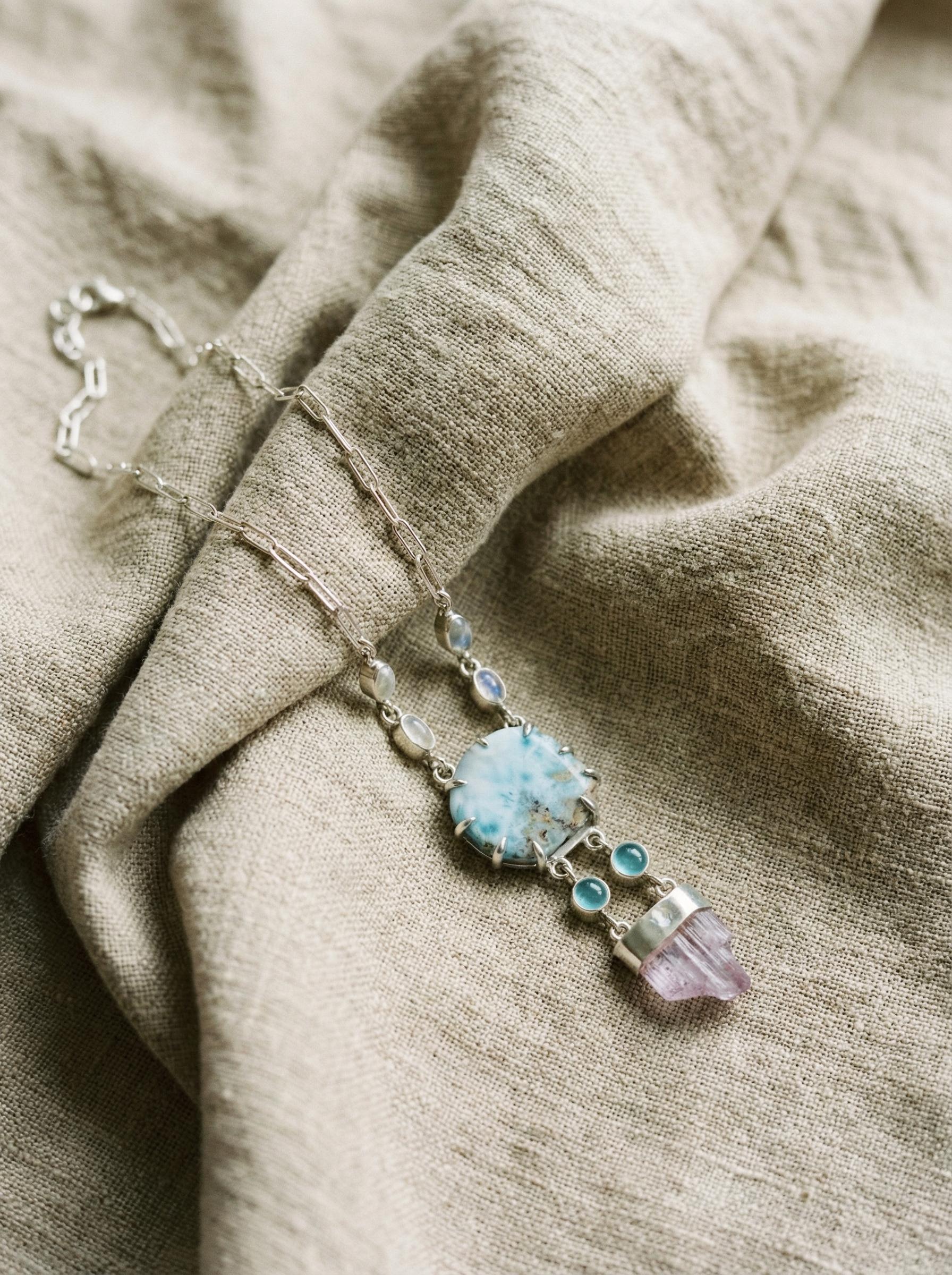Larimar Kunzite Pendant: Sterling Silver Atlantis Stone Necklace